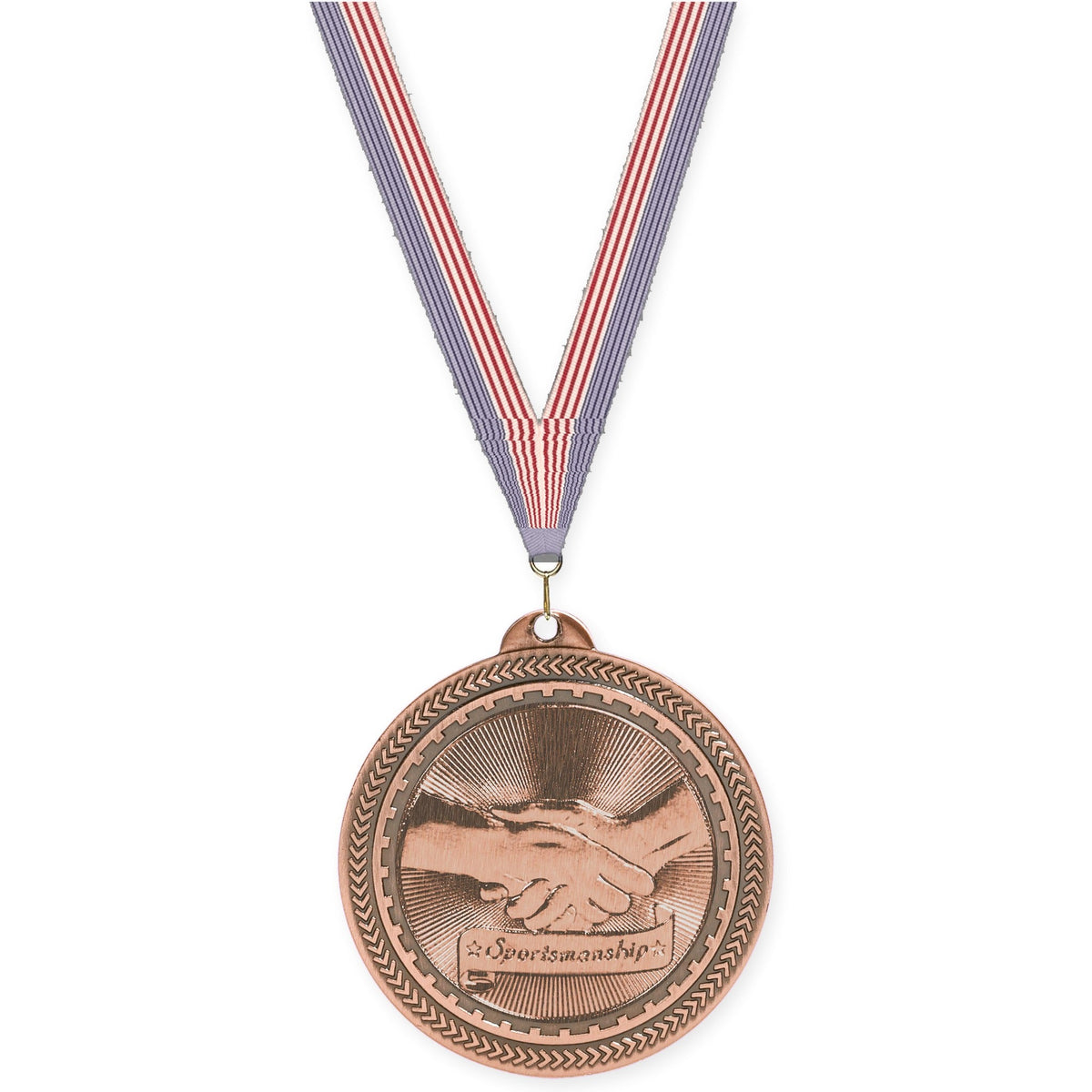 2 inch Sportsmanship Sunburst medal in antique bronze with USA Flag neck ribbon