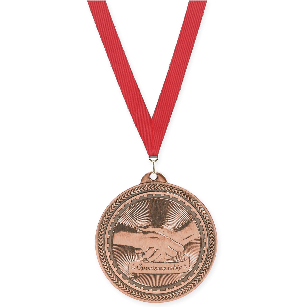2 inch Sportsmanship Sunburst medal in antique bronze with Red neck ribbon