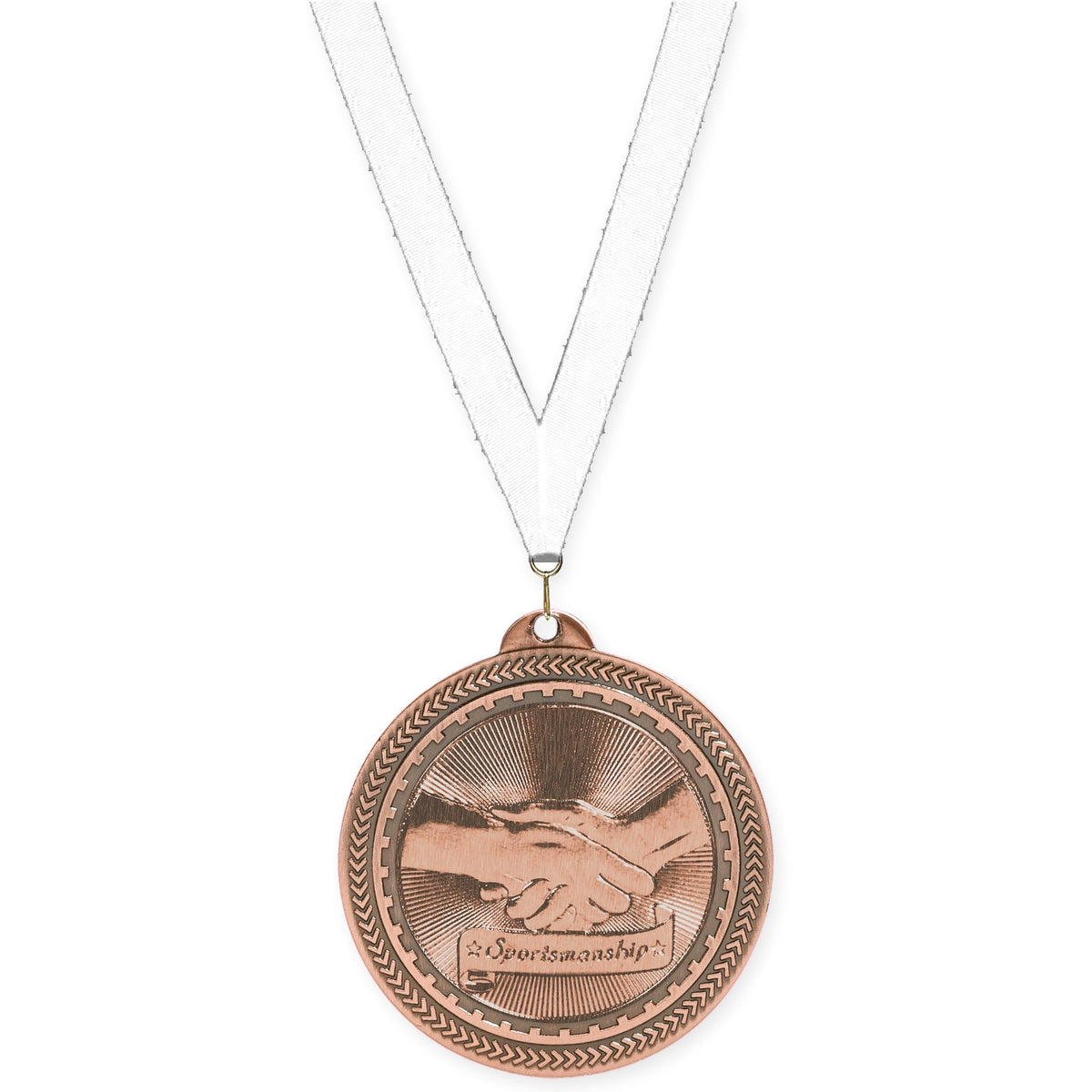 2 inch Sportsmanship Sunburst medal in antique bronze with White neck ribbon