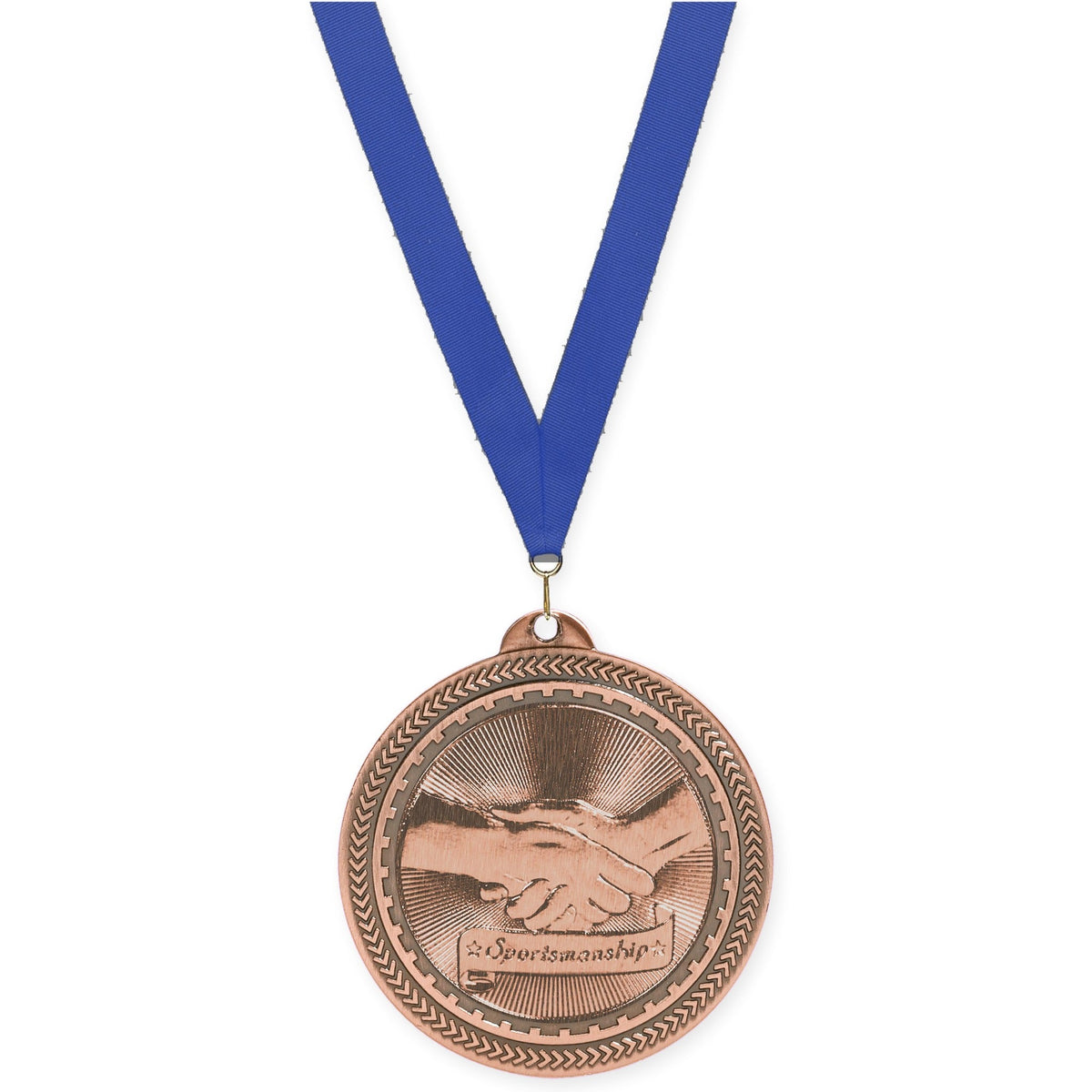 2 inch Sportsmanship Sunburst medal in antique bronze with Blue neck ribbon
