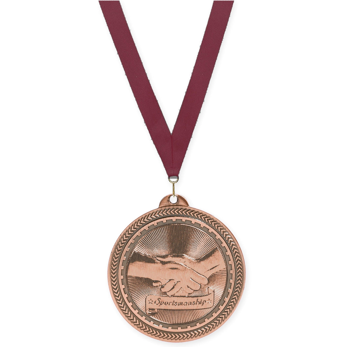 2 inch Sportsmanship Sunburst medal in antique bronze with Maroon neck ribbon
