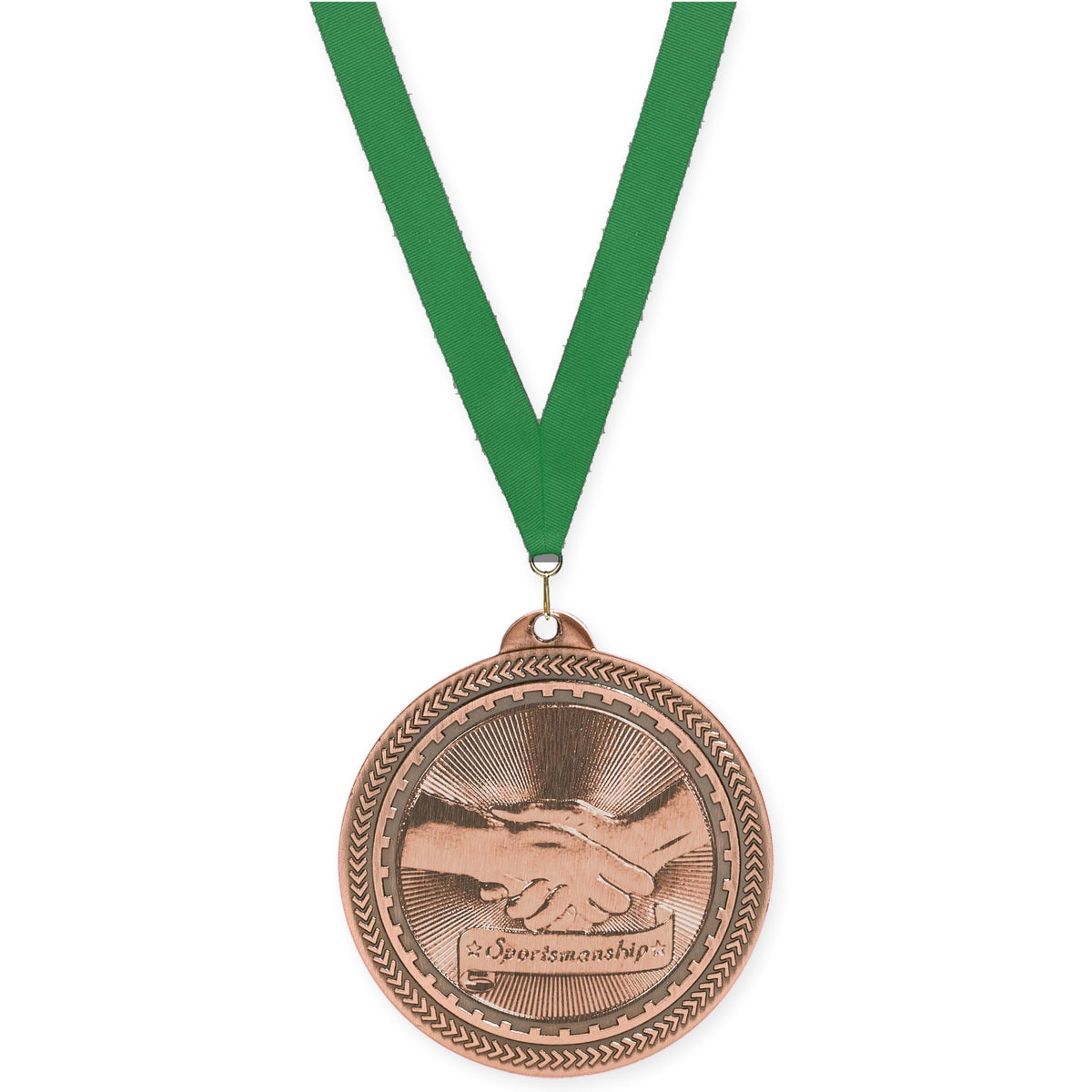 2 inch Sportsmanship Sunburst medal in antique bronze with Green neck ribbon