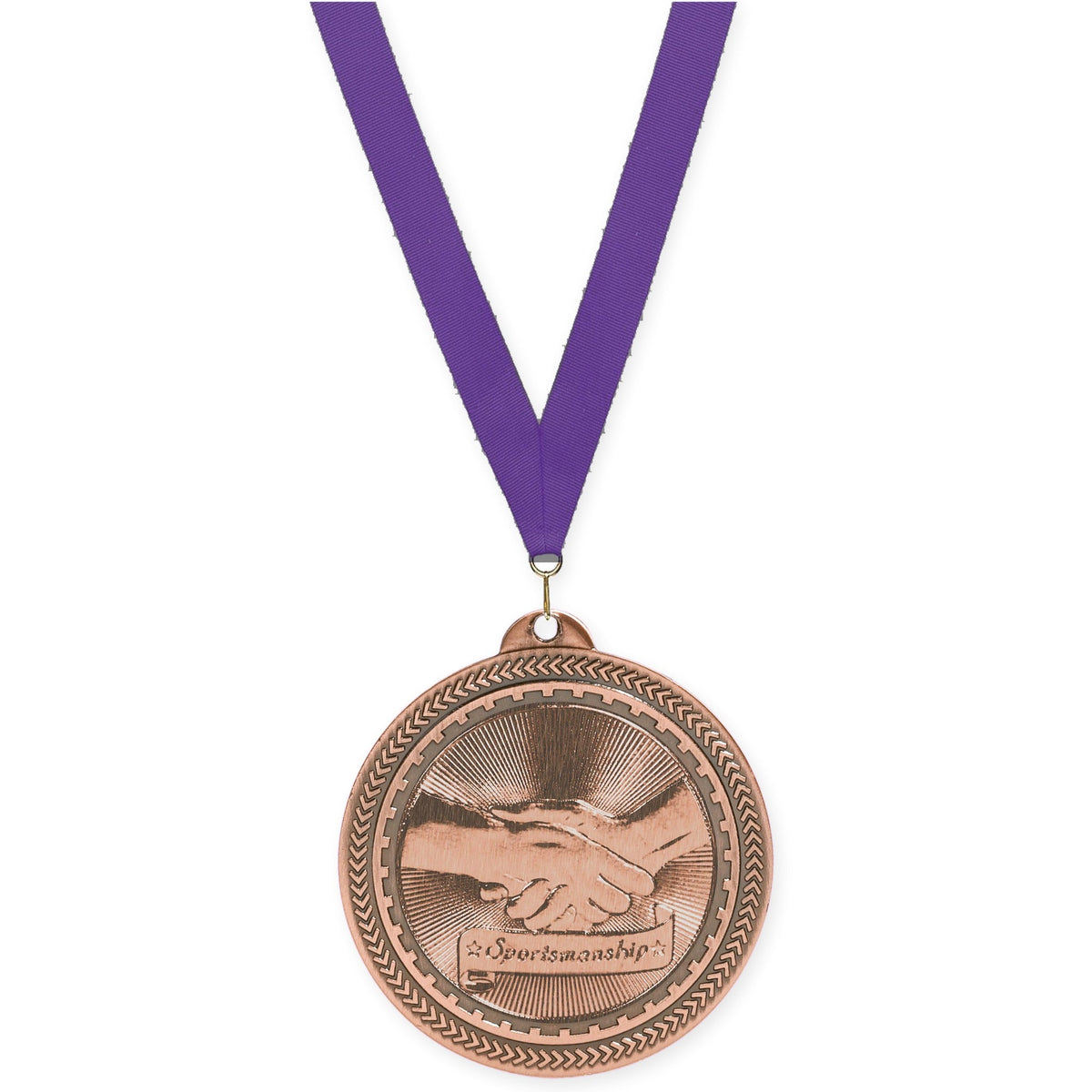 2 inch Sportsmanship Sunburst medal in antique bronze with Purple neck ribbon