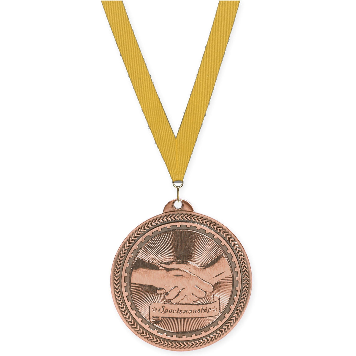 2 inch Sportsmanship Sunburst medal in antique bronze with Gold neck ribbon