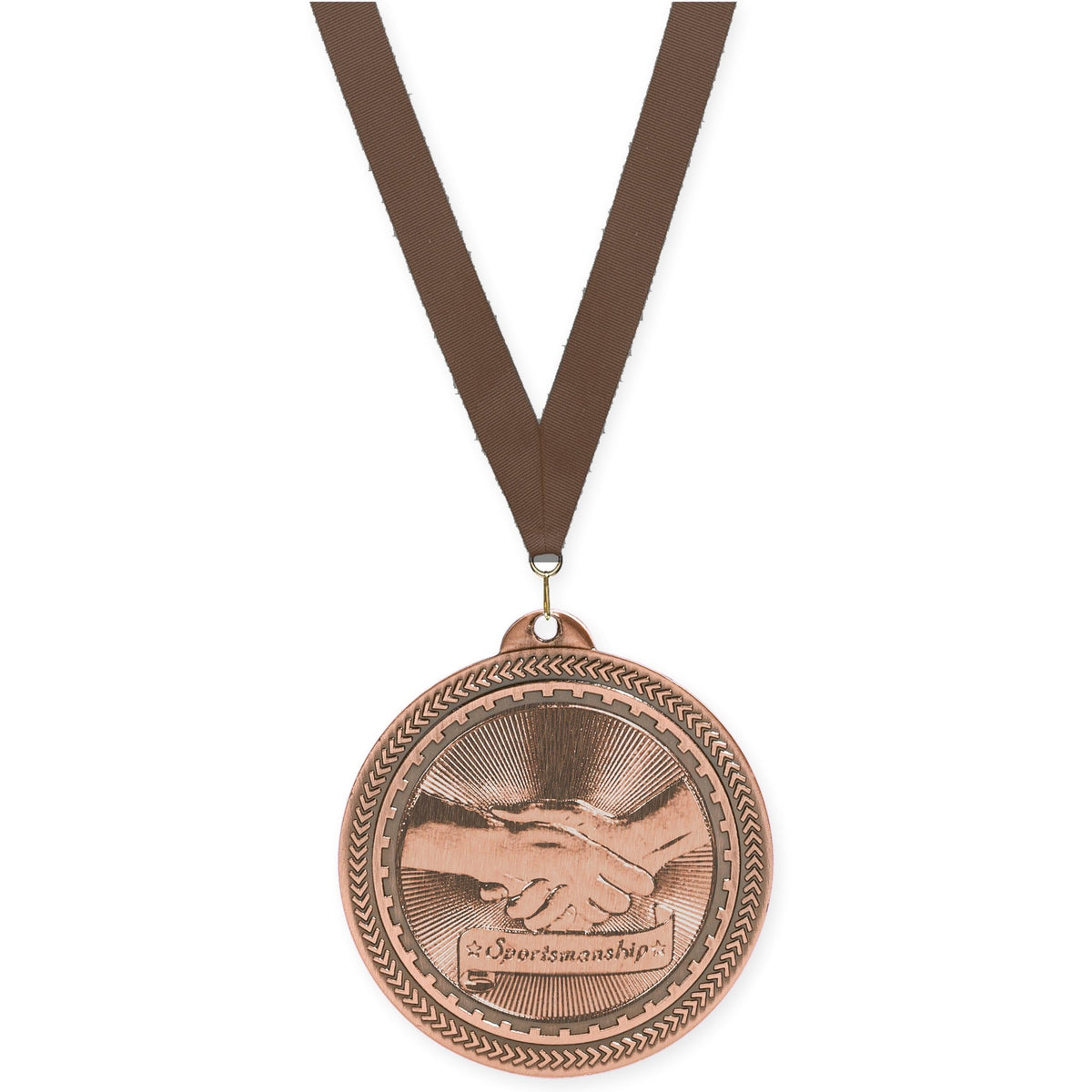 2 inch Sportsmanship Sunburst medal in antique bronze with Brown neck ribbon