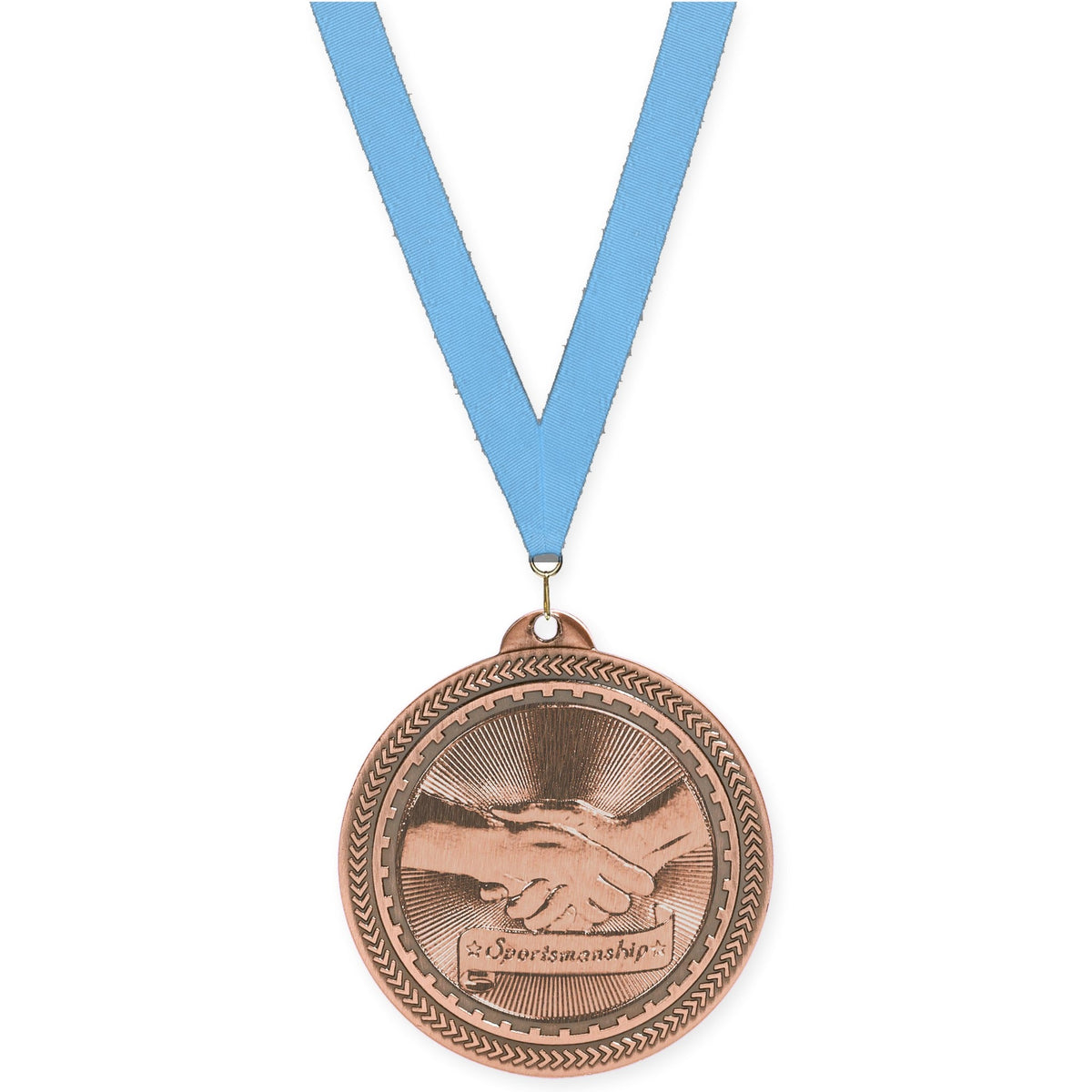 2 inch Sportsmanship Sunburst medal in antique bronze with Light Blue neck ribbon