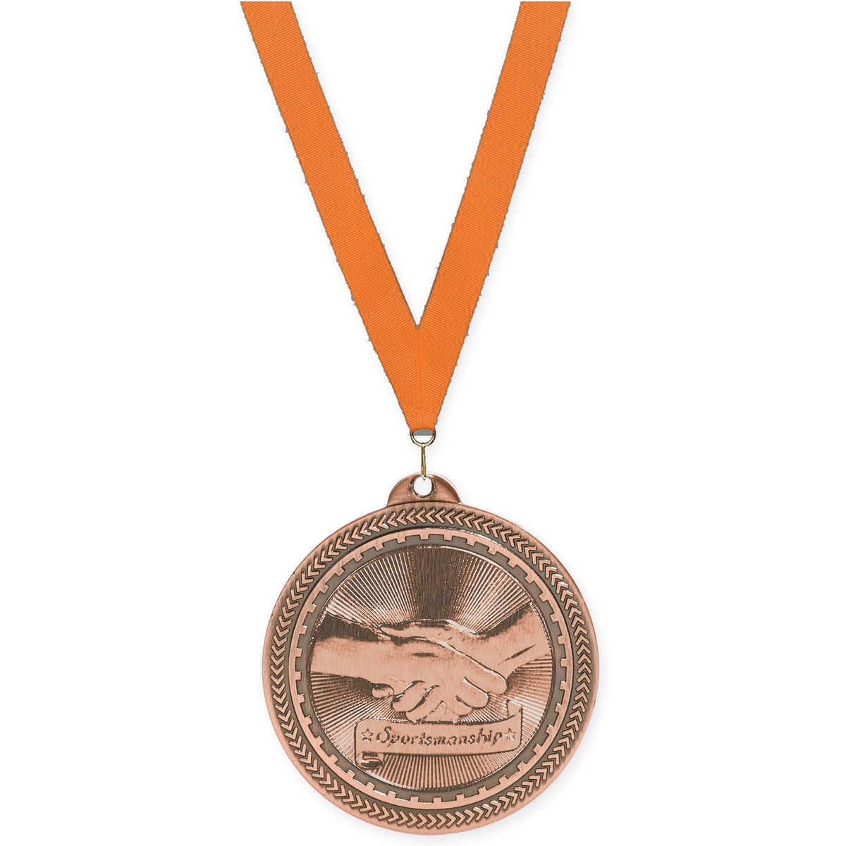 2 inch Sportsmanship Sunburst medal in antique bronze with Orange neck ribbon