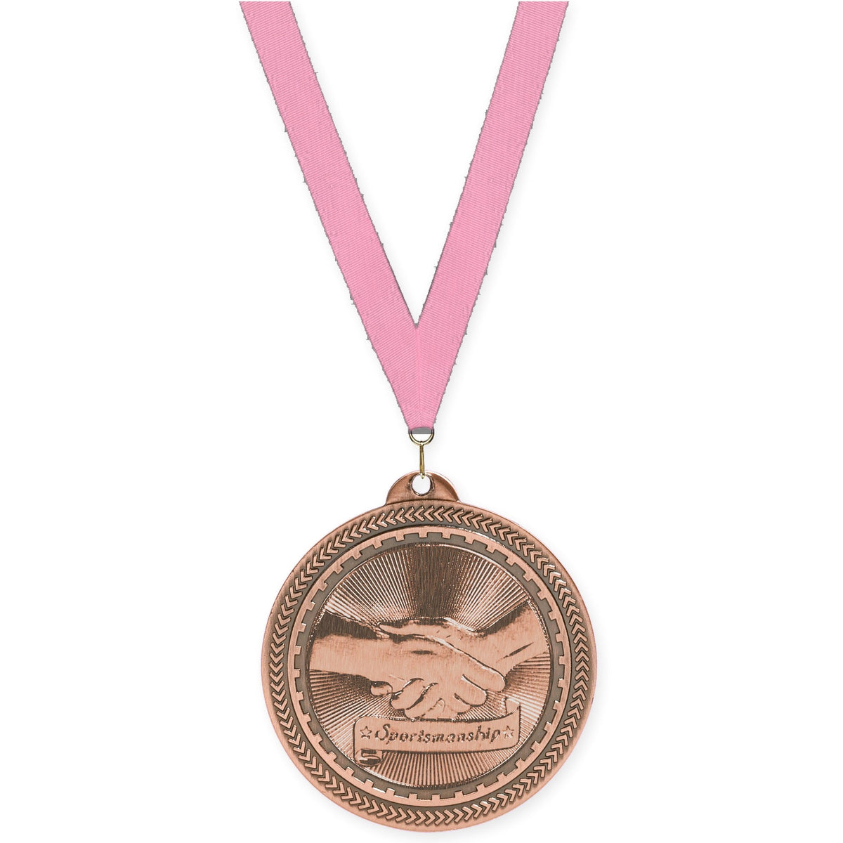 2 inch Sportsmanship Sunburst medal in antique bronze with Pink neck ribbon