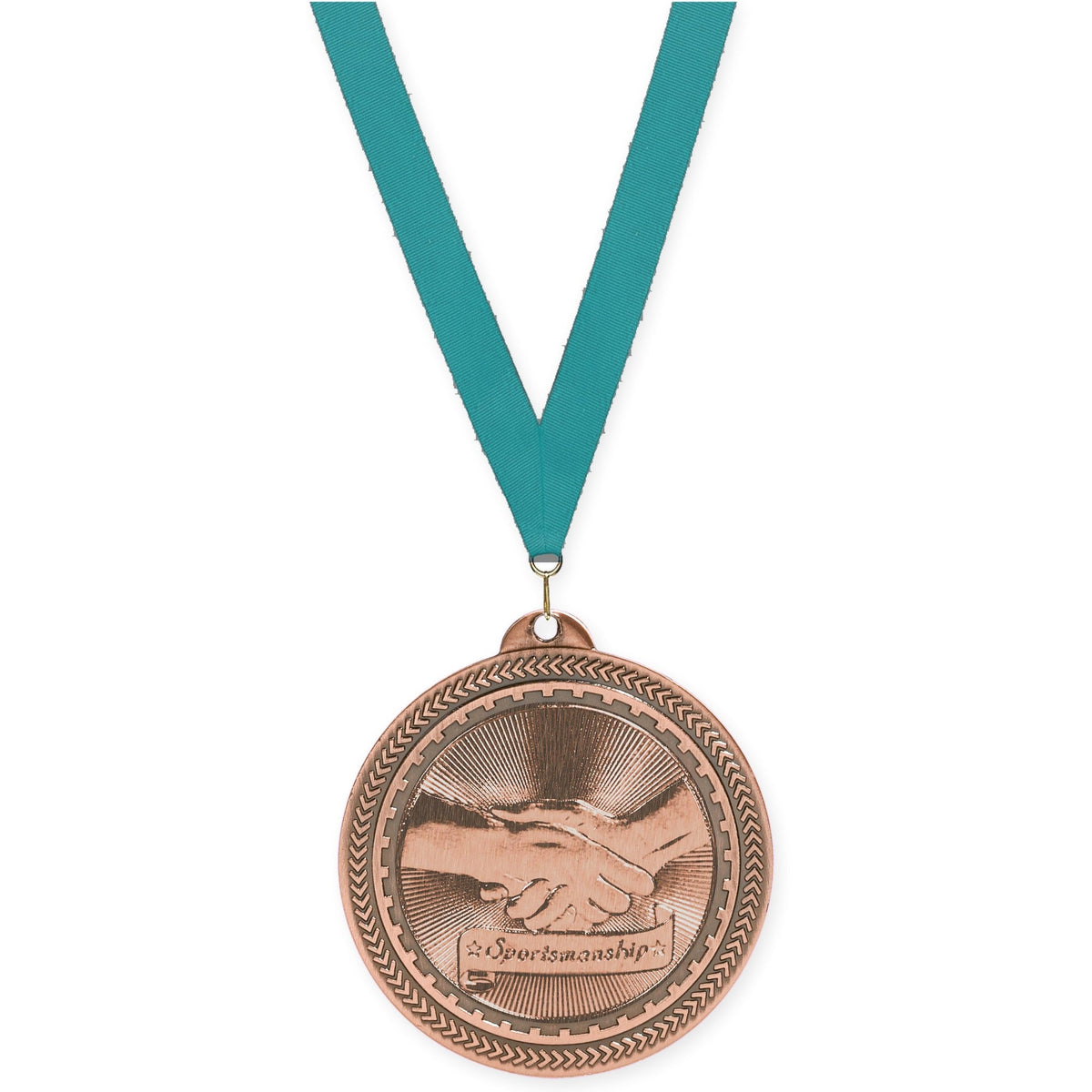 2 inch Sportsmanship Sunburst medal in antique bronze with Teal neck ribbon