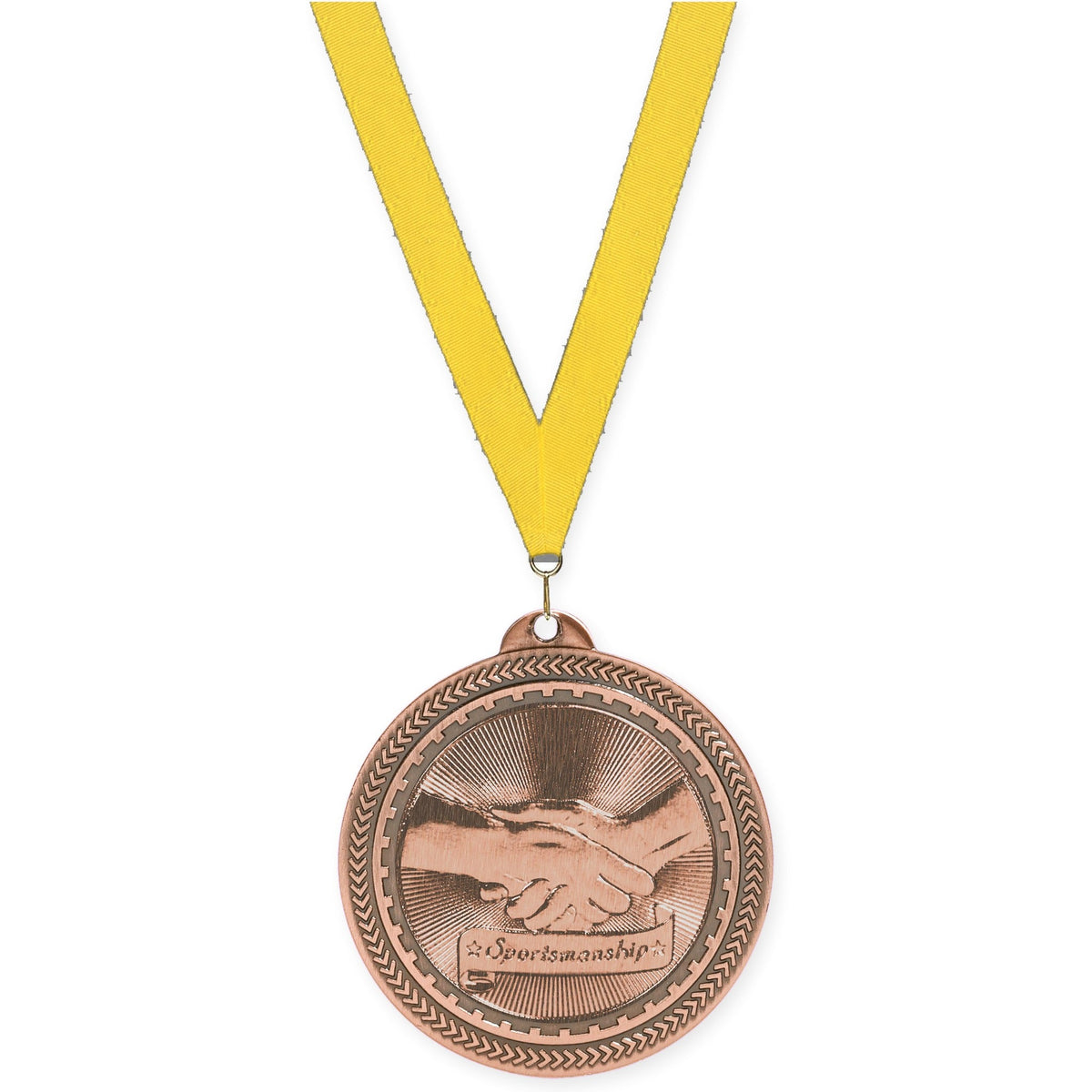 2 inch Sportsmanship Sunburst medal in antique bronze with Yellow neck ribbon