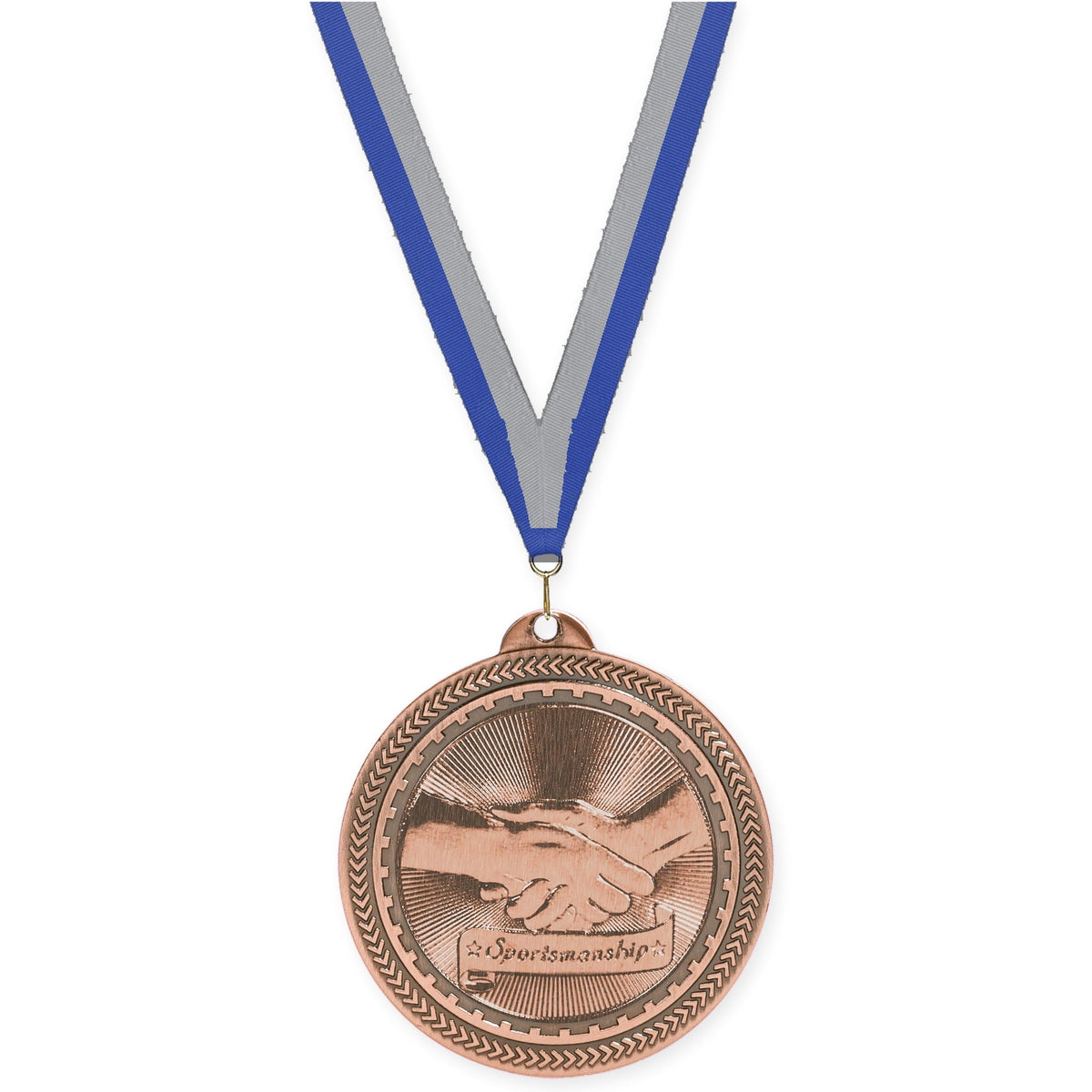 2 inch Sportsmanship Sunburst medal in antique bronze with Blue Gray neck ribbon