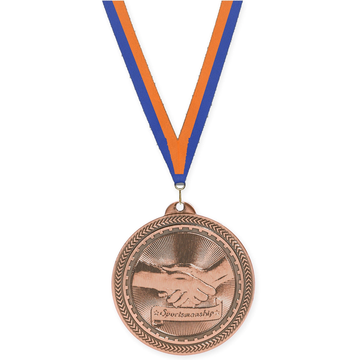 2 inch Sportsmanship Sunburst medal in antique bronze with Blue Orange neck ribbon