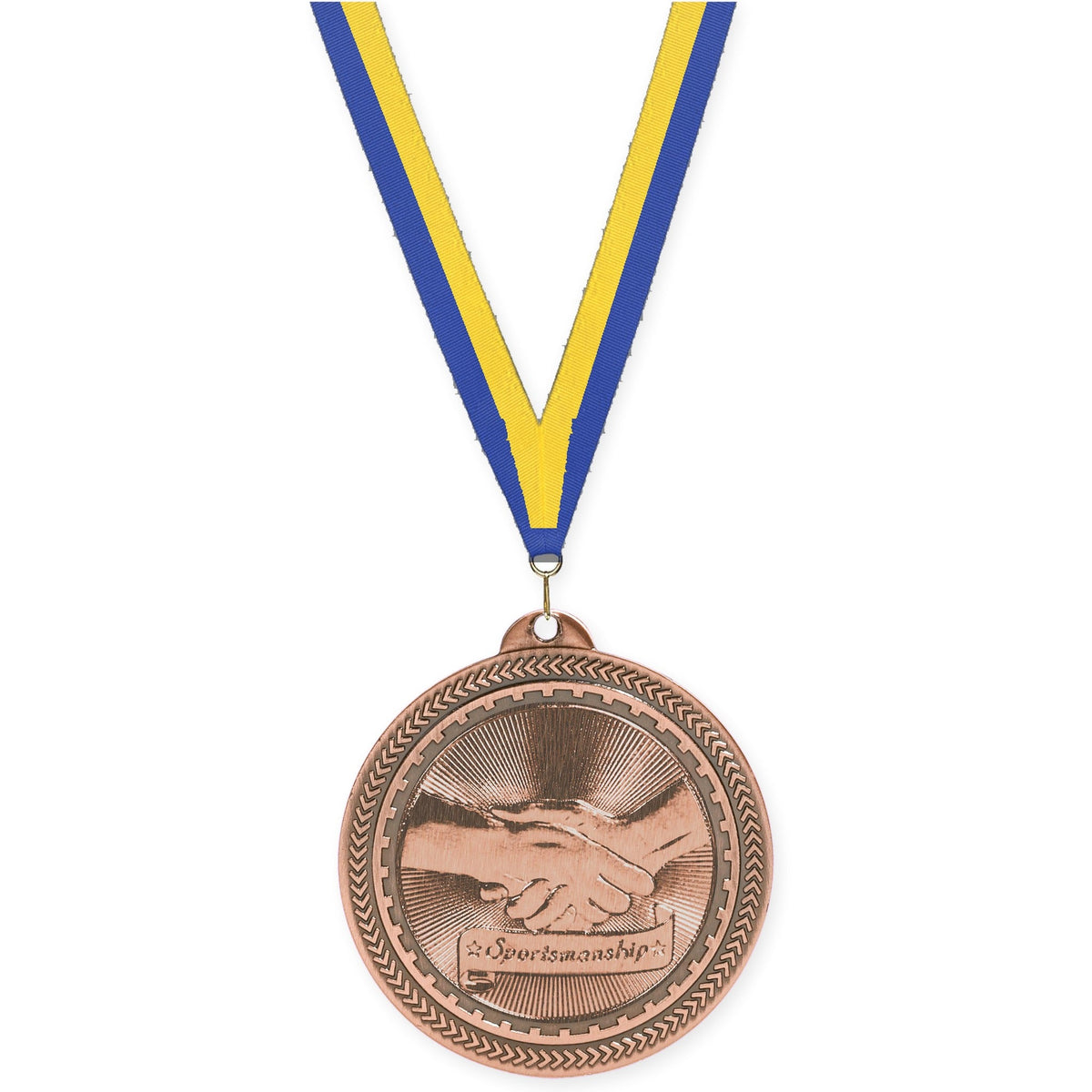 2 inch Sportsmanship Sunburst medal in antique bronze with Blue Yellow neck ribbon