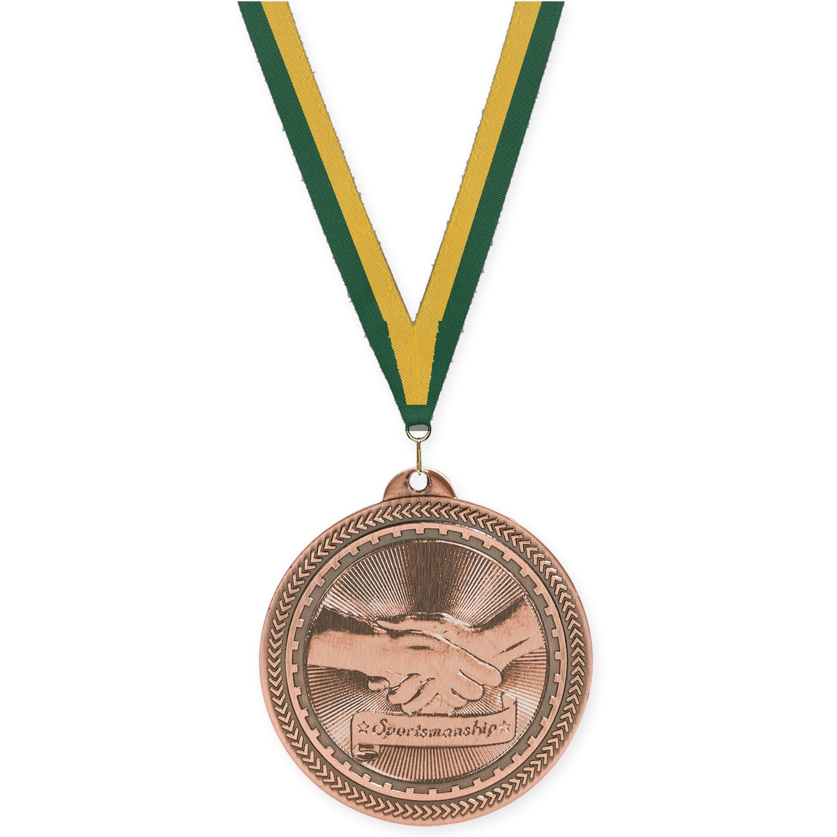 2 inch Sportsmanship Sunburst medal in antique bronze with Hunter Green Gold neck ribbon