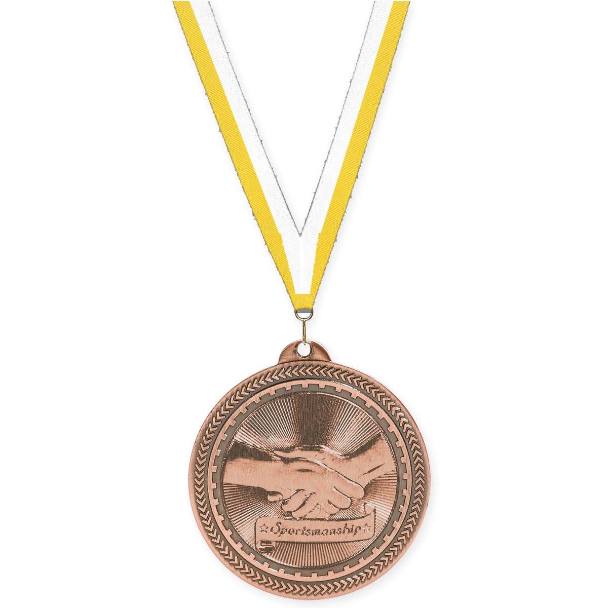 2 inch Sportsmanship Sunburst medal in antique bronze with Yellow White neck ribbon