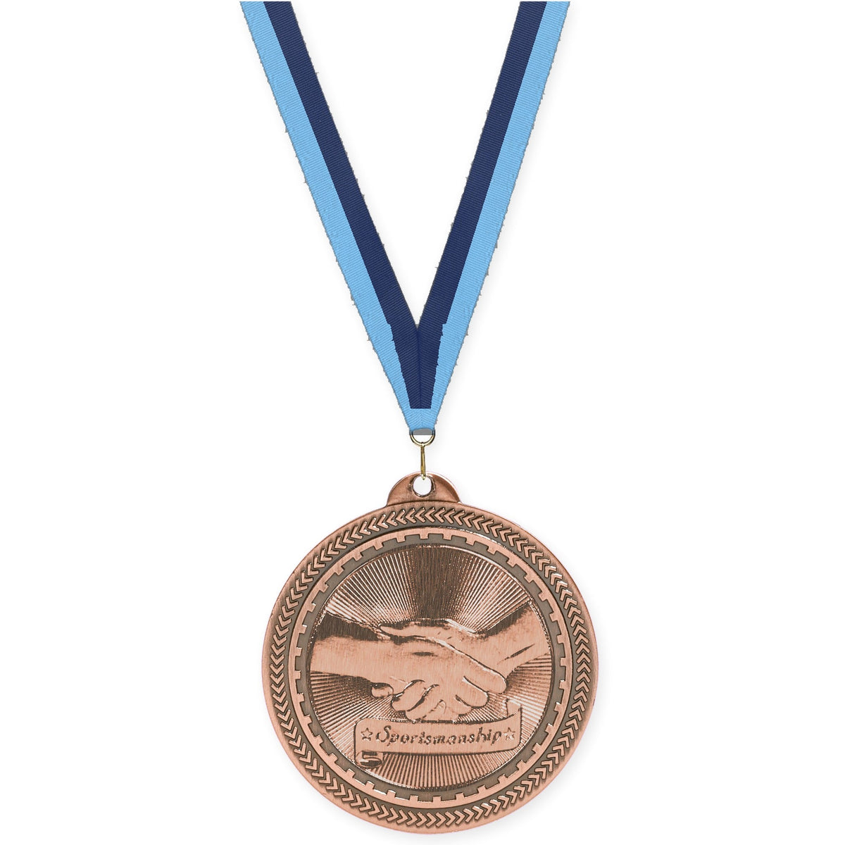 2 inch Sportsmanship Sunburst medal in antique bronze with Light Blue Navy neck ribbon
