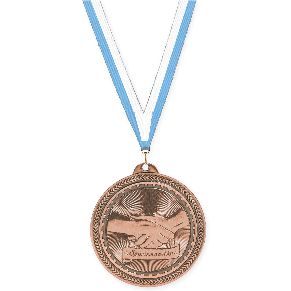 2 inch Sportsmanship Sunburst medal in antique bronze with Light Blue White neck ribbon