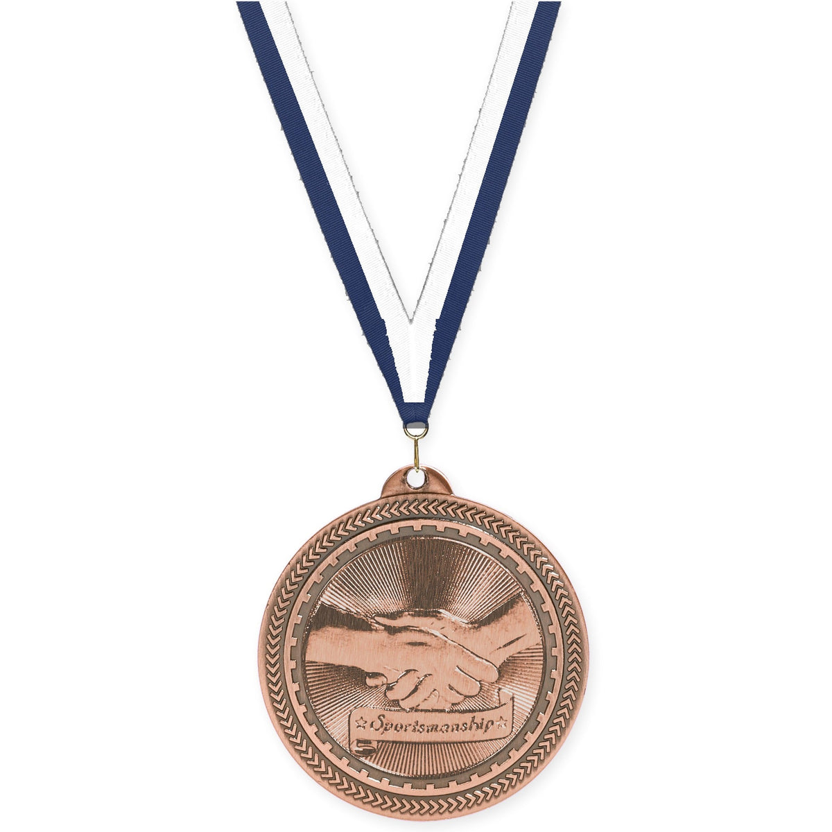 2 inch Sportsmanship Sunburst medal in antique bronze with Navy White neck ribbon
