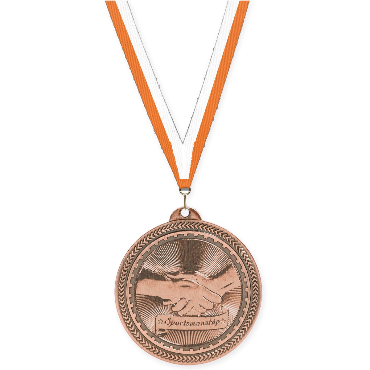 2 inch Sportsmanship Sunburst medal in antique bronze with Orange White neck ribbon