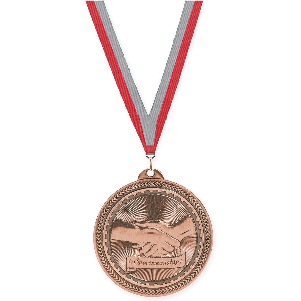 2 inch Sportsmanship Sunburst medal in antique bronze with Red Gray neck ribbon
