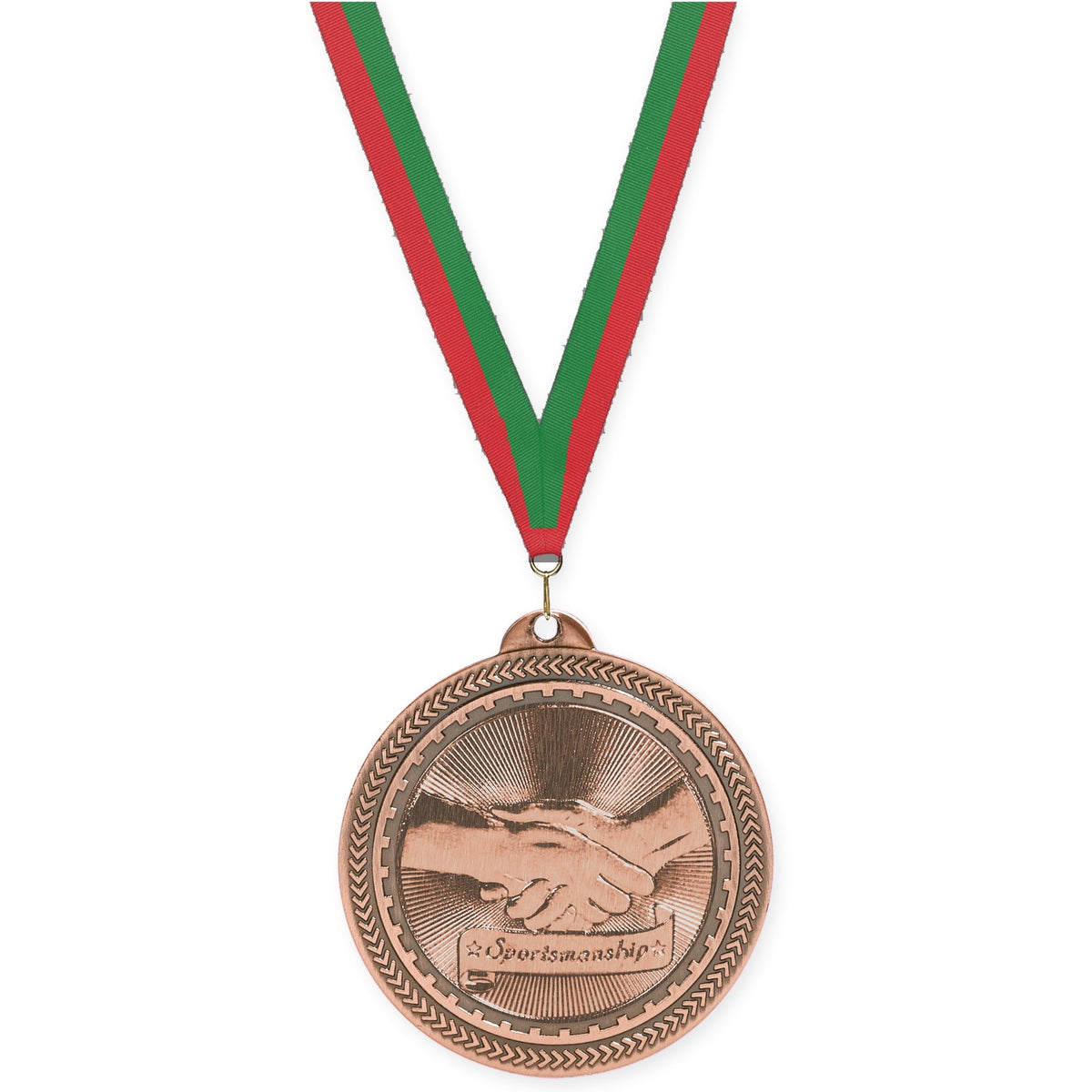 2 inch Sportsmanship Sunburst medal in antique bronze with Red Green neck ribbon
