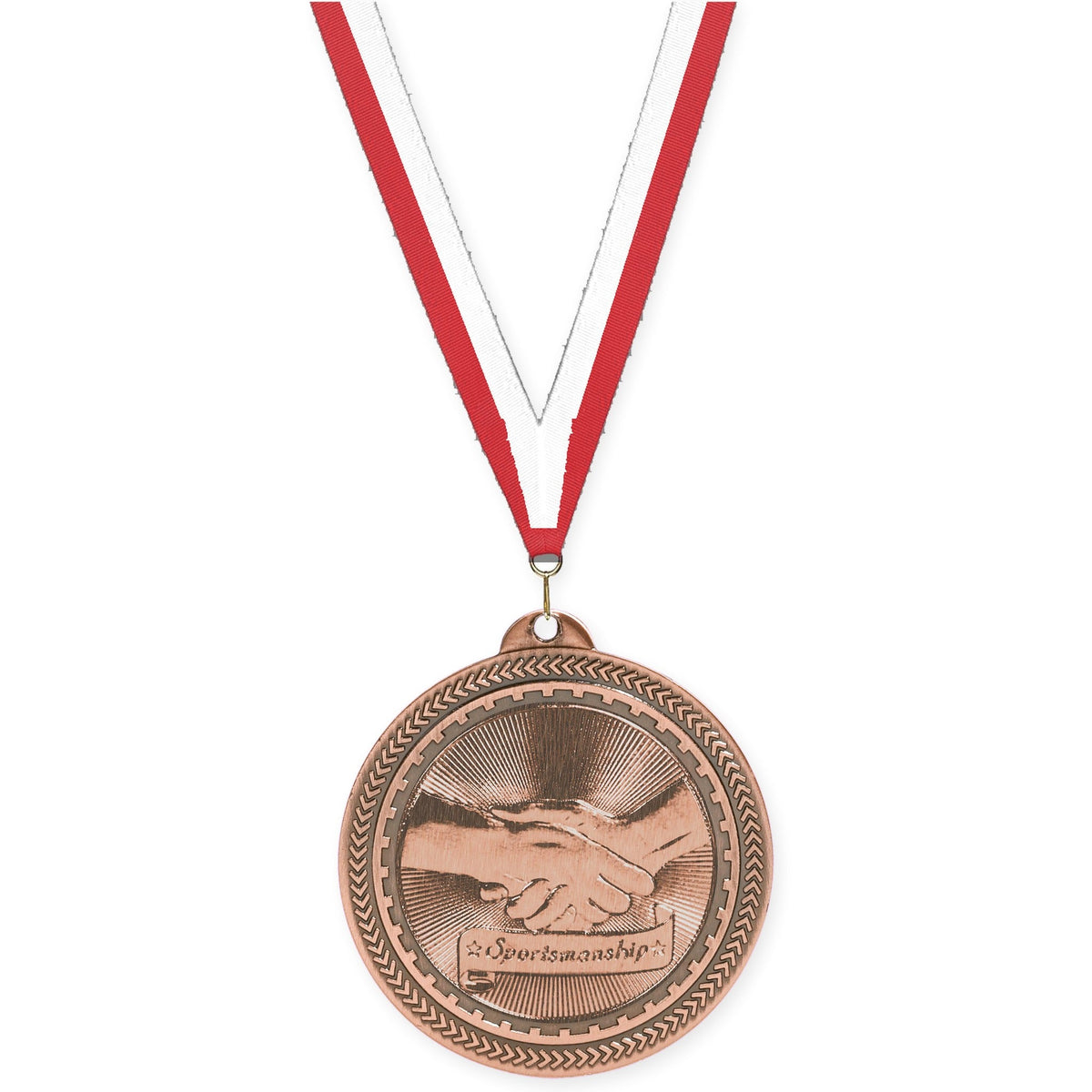 2 inch Sportsmanship Sunburst medal in antique bronze with Red White neck ribbon