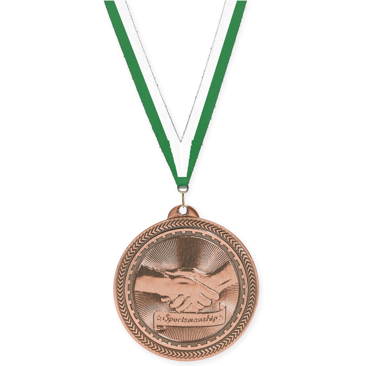 2 inch Sportsmanship Sunburst medal in antique bronze with Green White neck ribbon