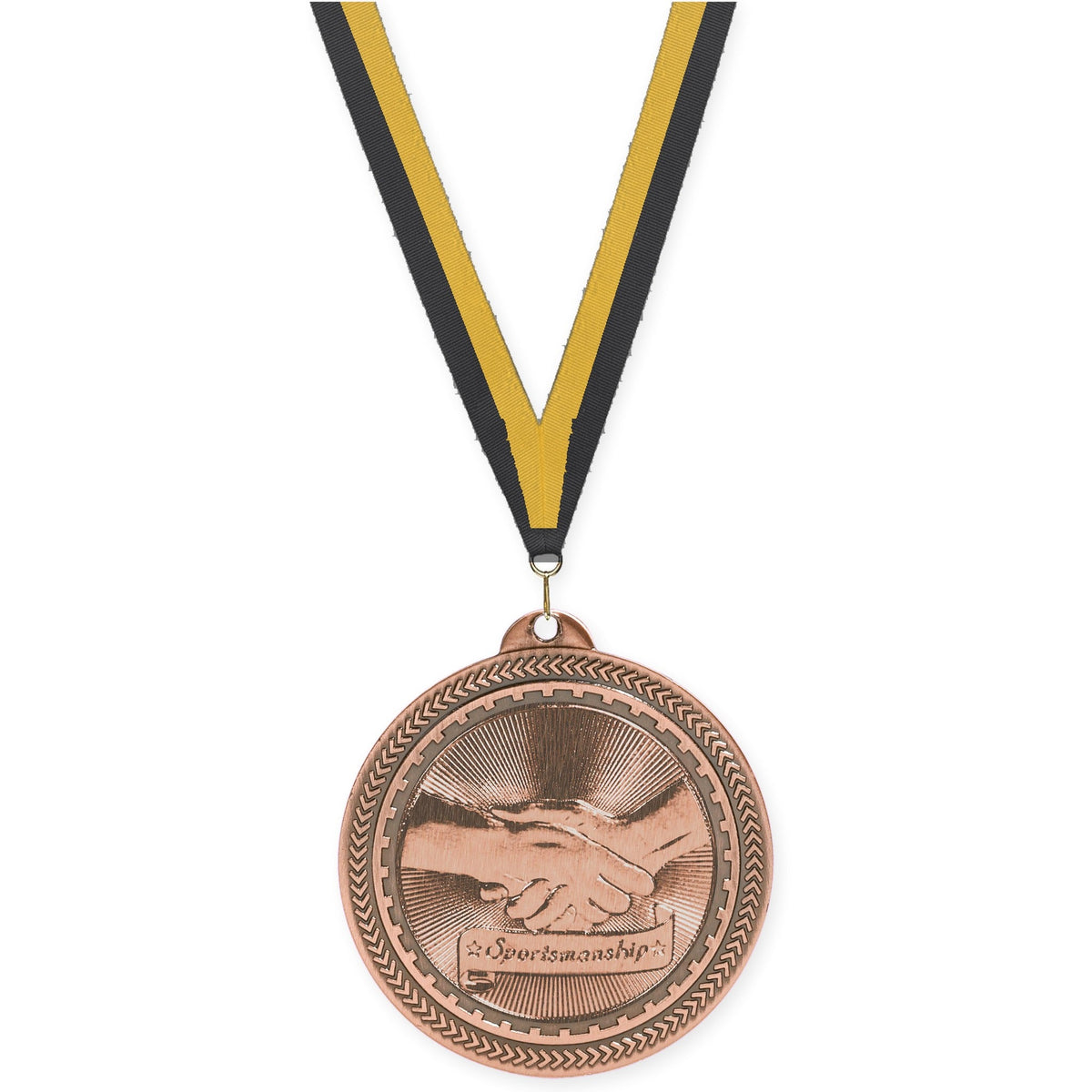 2 inch Sportsmanship Sunburst medal in antique bronze with Black Gold neck ribbon
