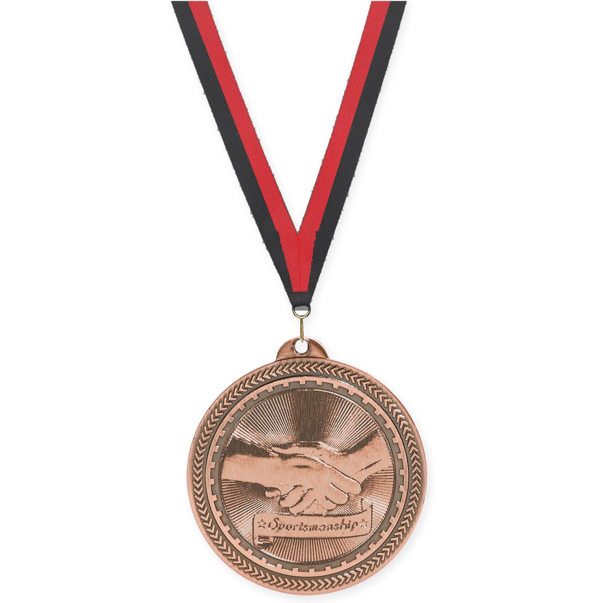 2 inch Sportsmanship Sunburst medal in antique bronze with Black Red neck ribbon