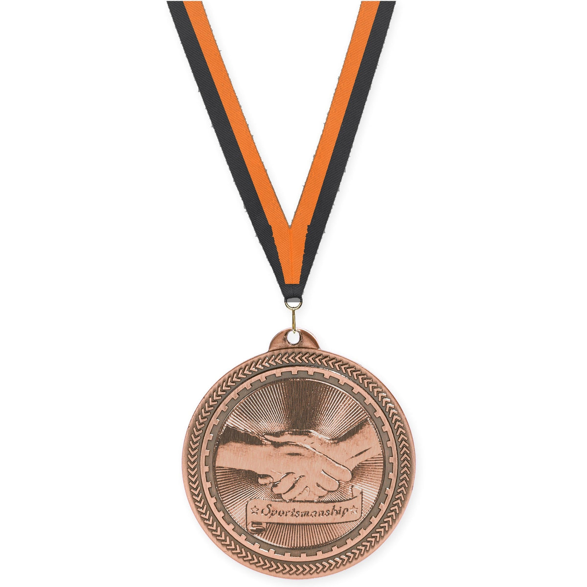 2 inch Sportsmanship Sunburst medal in antique bronze with Black Orange neck ribbon