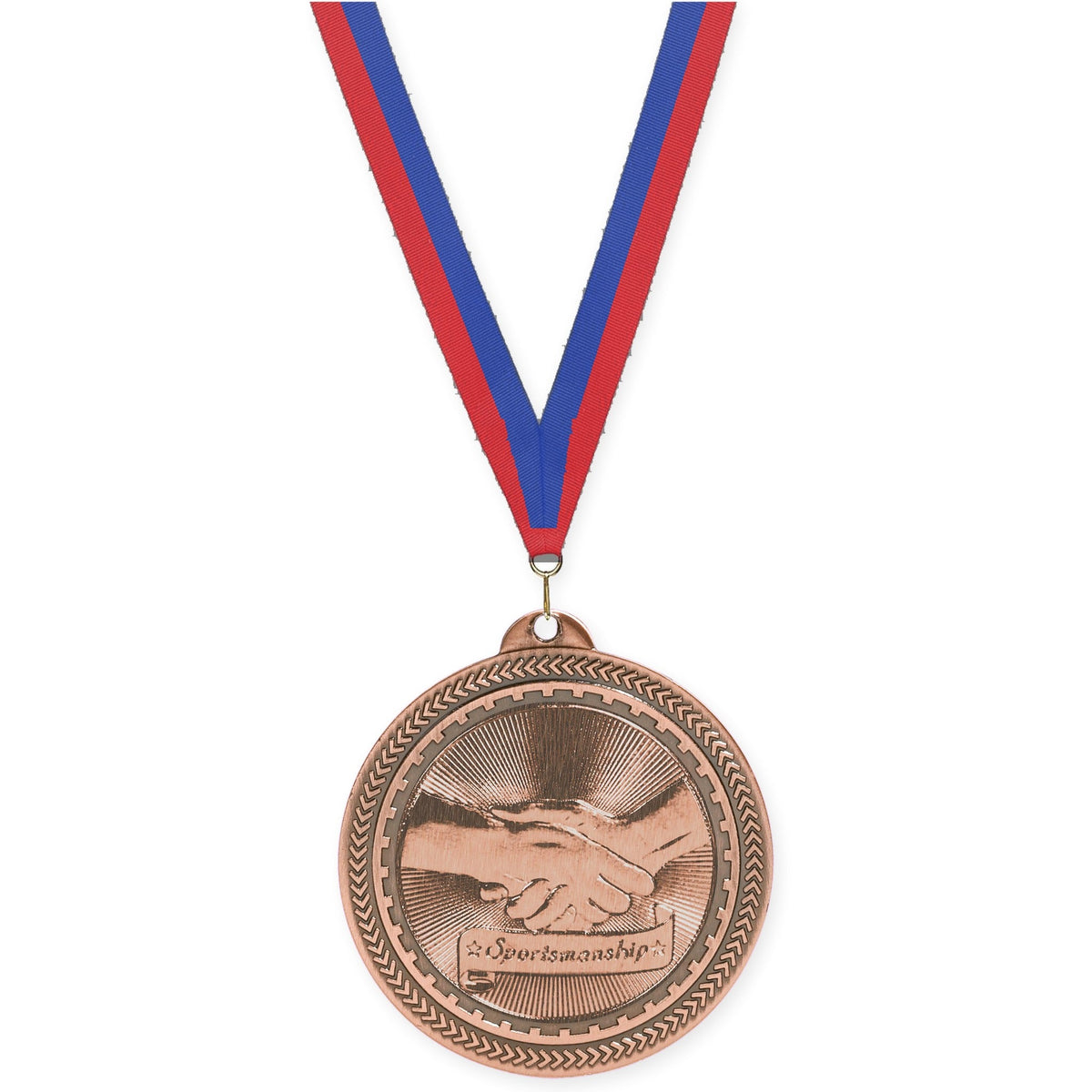 2 inch Sportsmanship Sunburst medal in antique bronze with Blue Red neck ribbon