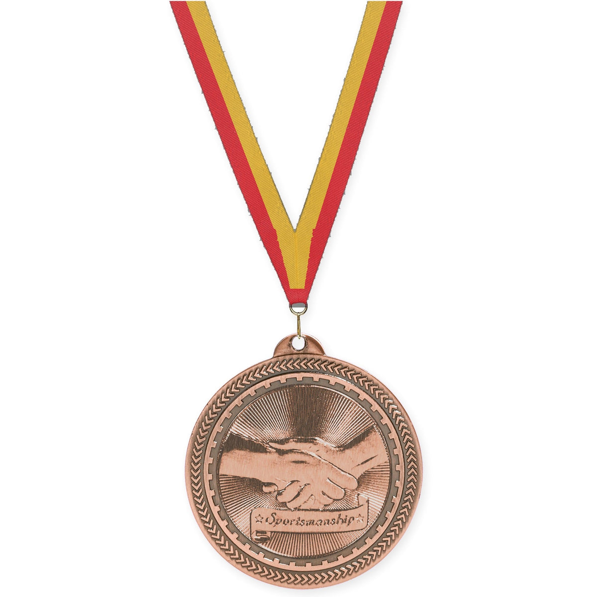 2 inch Sportsmanship Sunburst medal in antique bronze with Red Gold neck ribbon