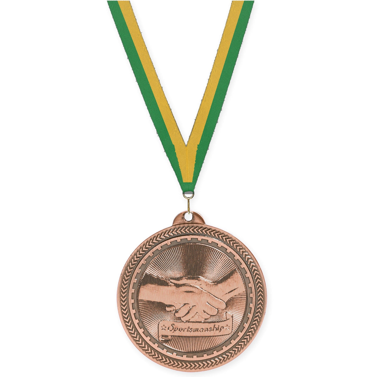 2 inch Sportsmanship Sunburst medal in antique bronze with Green Gold neck ribbon
