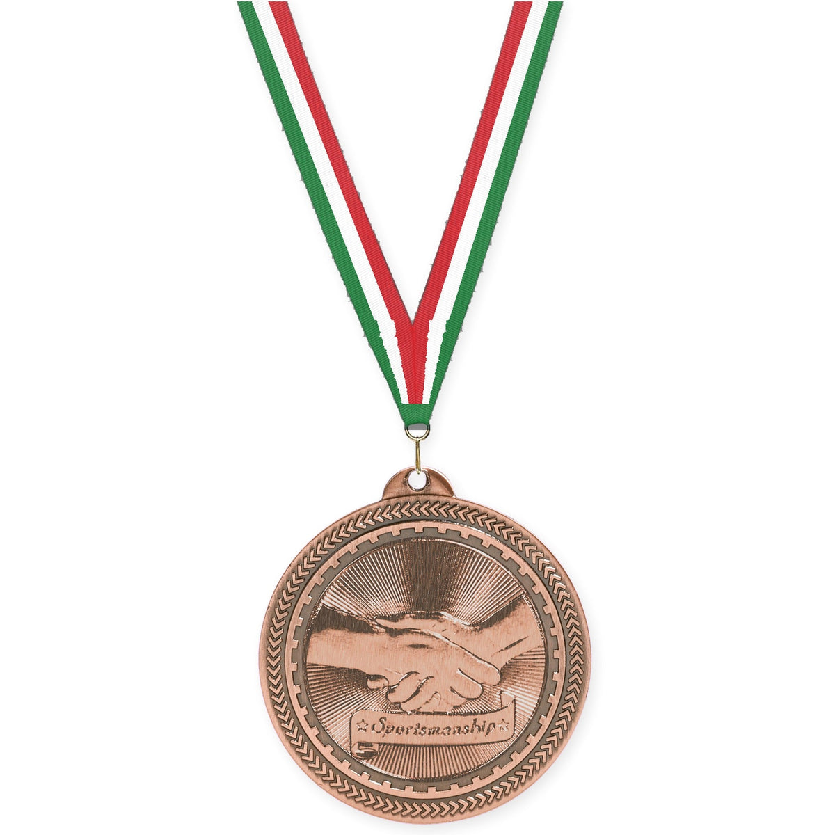2 inch Sportsmanship Sunburst medal in antique bronze with Green White Red neck ribbon