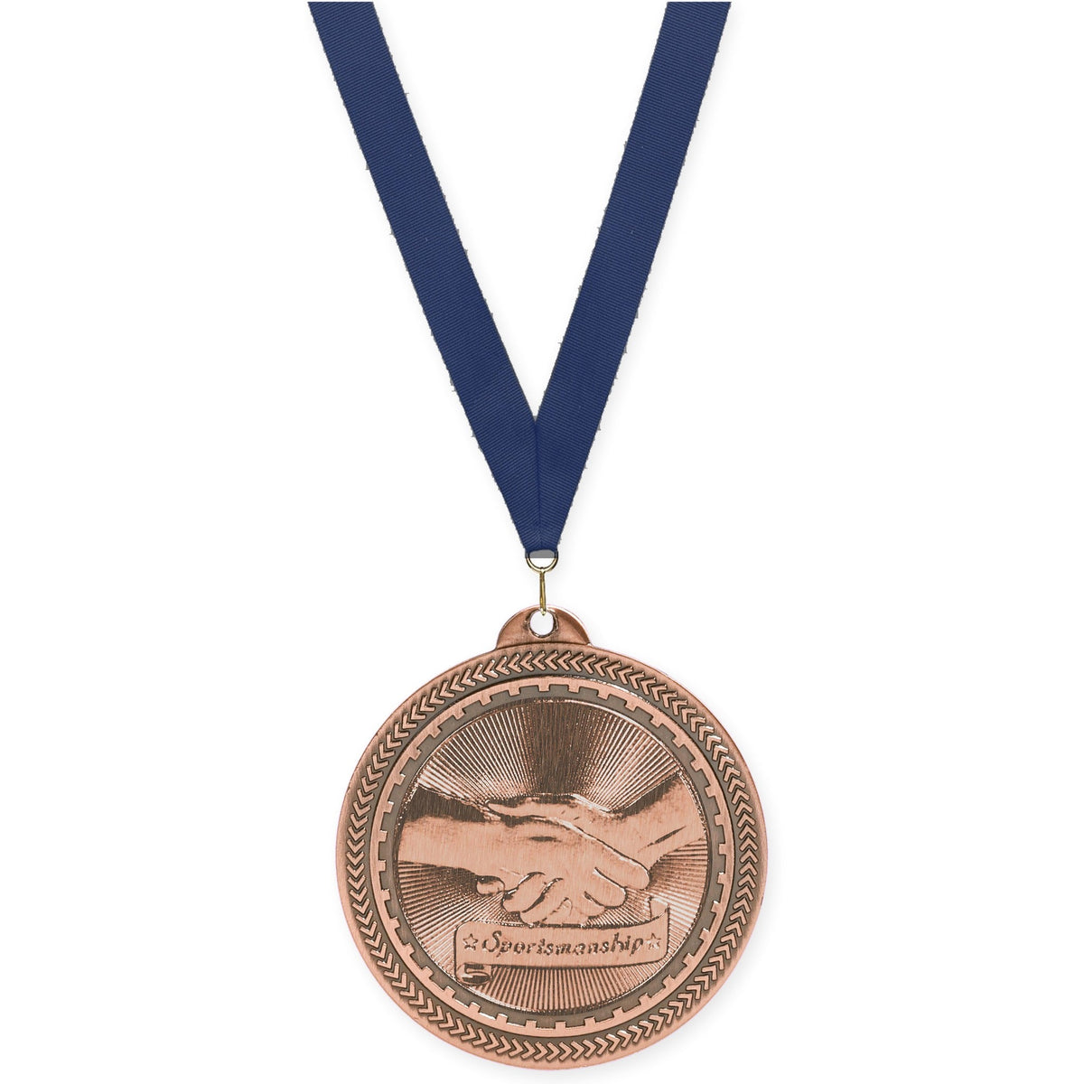 2 inch Sportsmanship Sunburst medal in antique bronze with Navy neck ribbon
