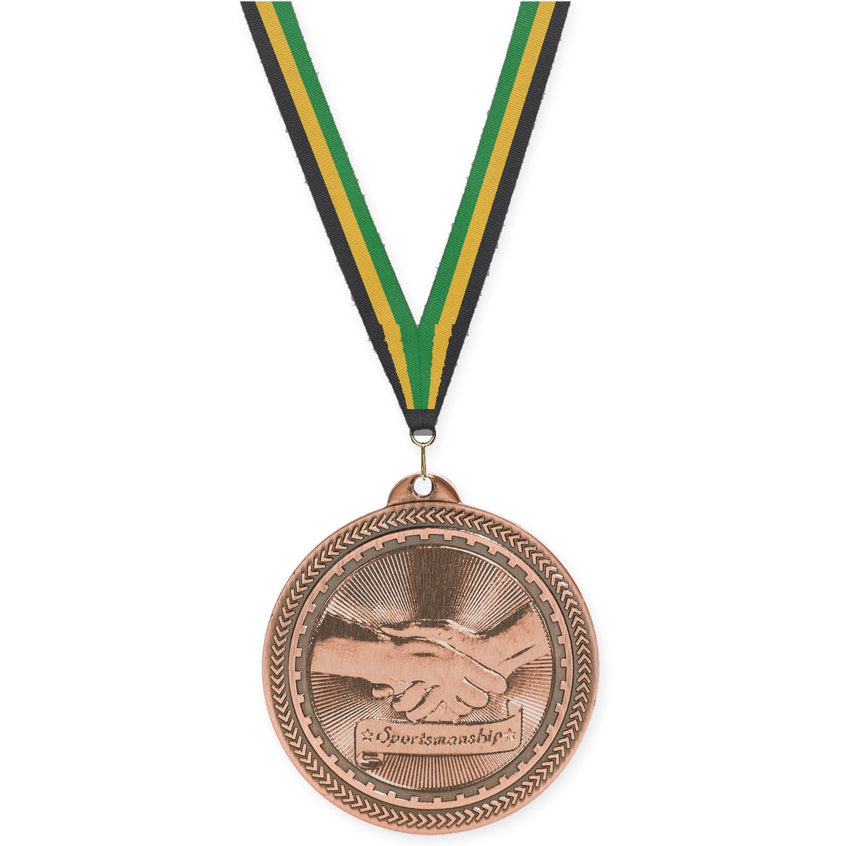 2 inch Sportsmanship Sunburst medal in antique bronze with Black Gold Green neck ribbon