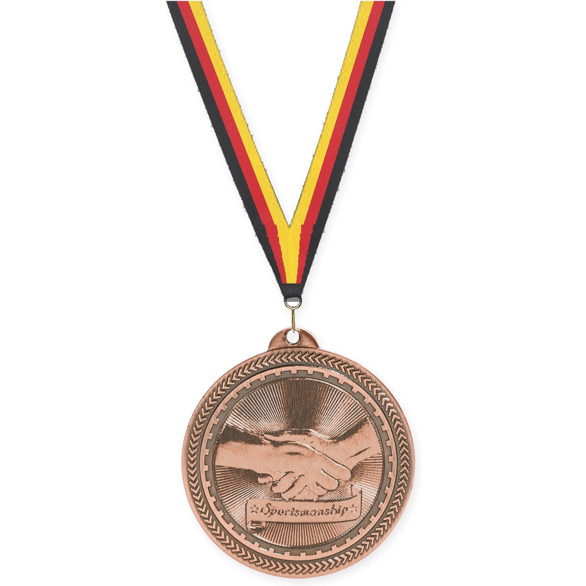 2 inch Sportsmanship Sunburst medal in antique bronze with Black Red Yellow neck ribbon