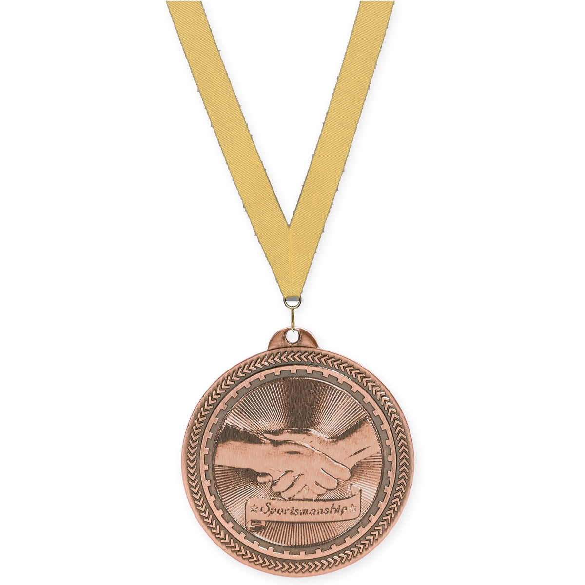 2 inch Sportsmanship Sunburst medal in antique bronze with Gold Metallic neck ribbon