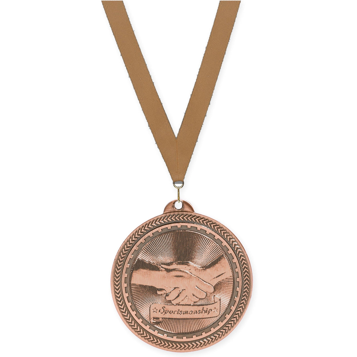 2 inch Sportsmanship Sunburst medal in antique bronze with Bronze Metallic neck ribbon