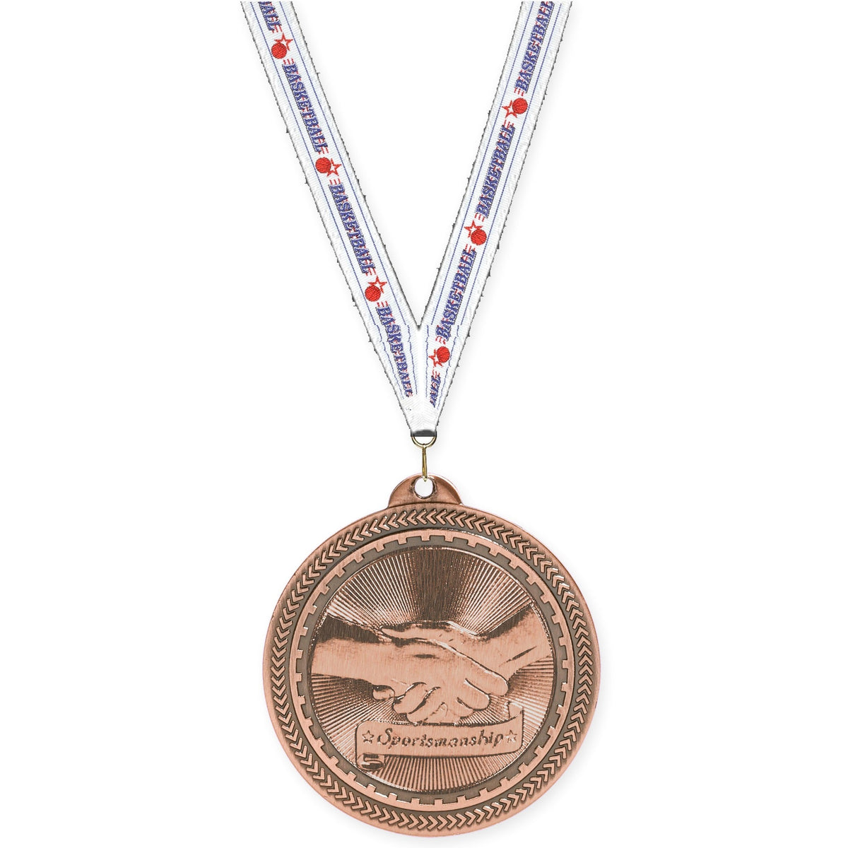 2 inch Sportsmanship Sunburst medal in antique bronze with Basketball neck ribbon