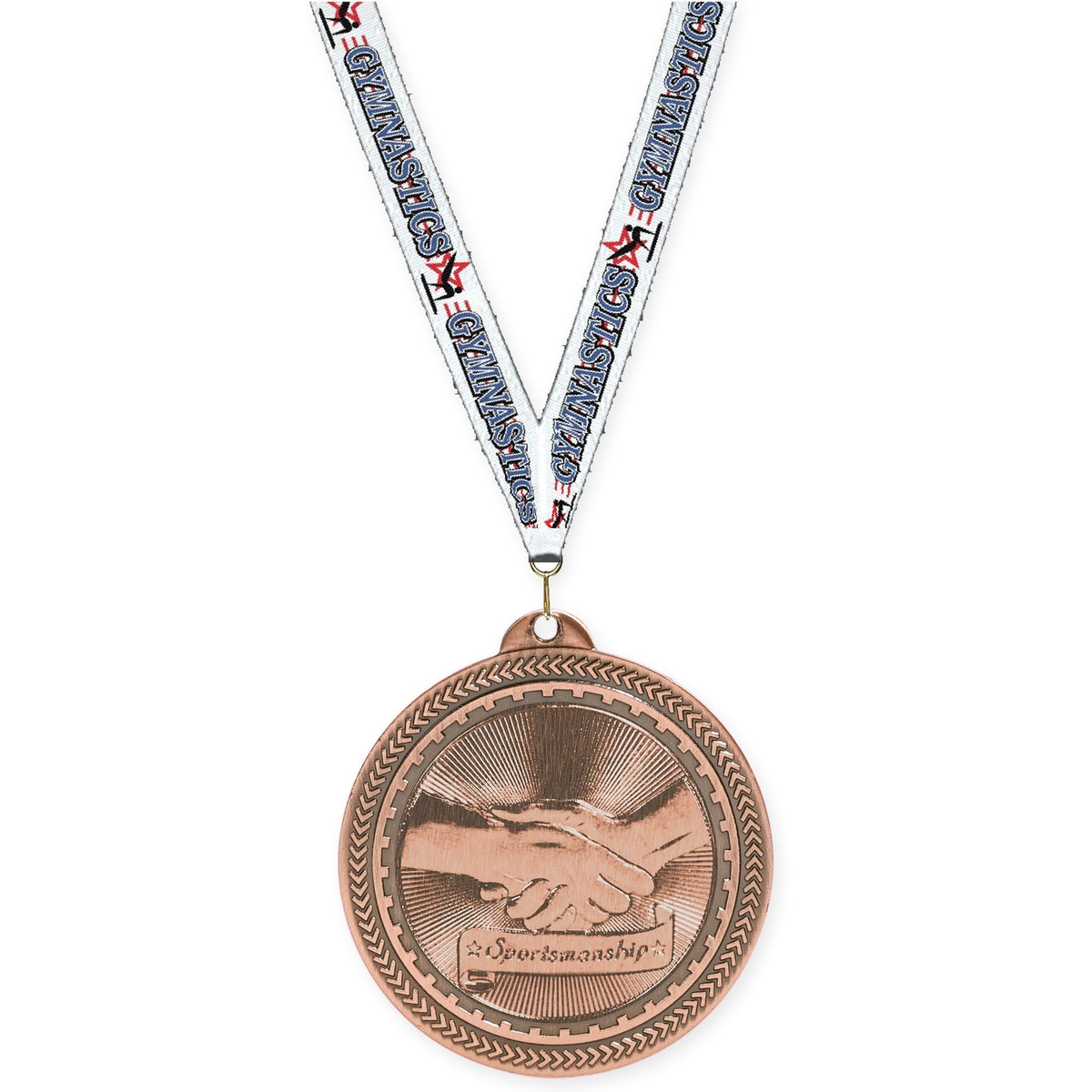 2 inch Sportsmanship Sunburst medal in antique bronze with Gymnastics neck ribbon