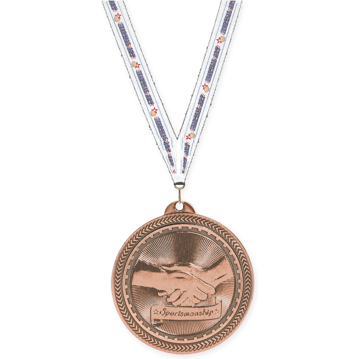 2 inch Sportsmanship Sunburst medal in antique bronze with Martial Arts neck ribbon