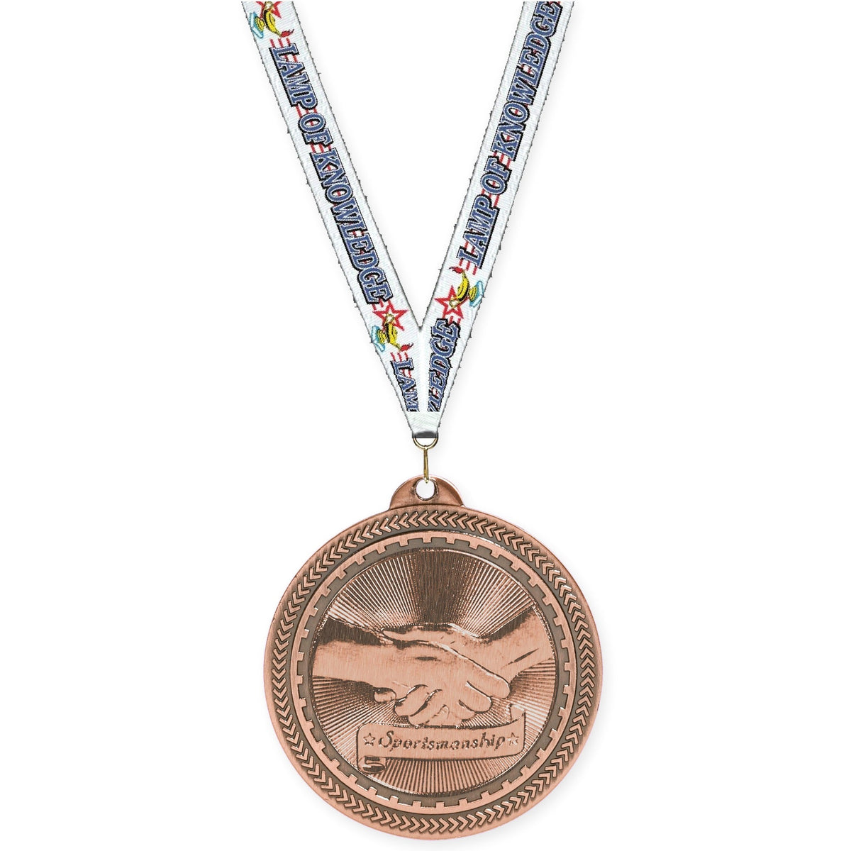 2 inch Sportsmanship Sunburst medal in antique bronze with Lamp Of Knowledge neck ribbon