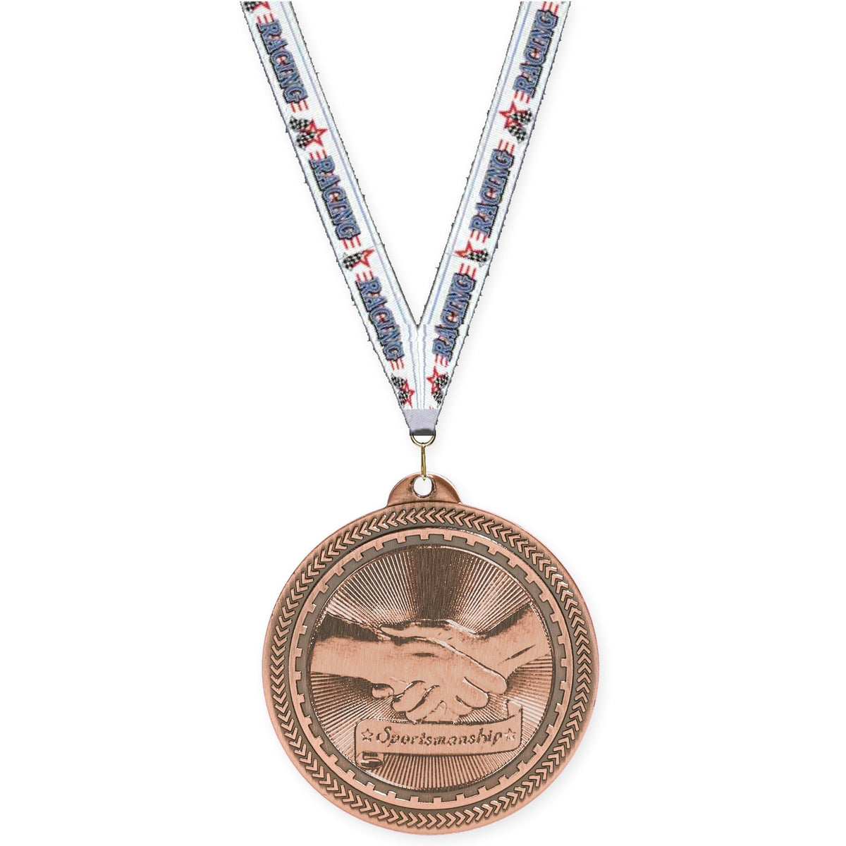 2 inch Sportsmanship Sunburst medal in antique bronze with Auto Racing neck ribbon