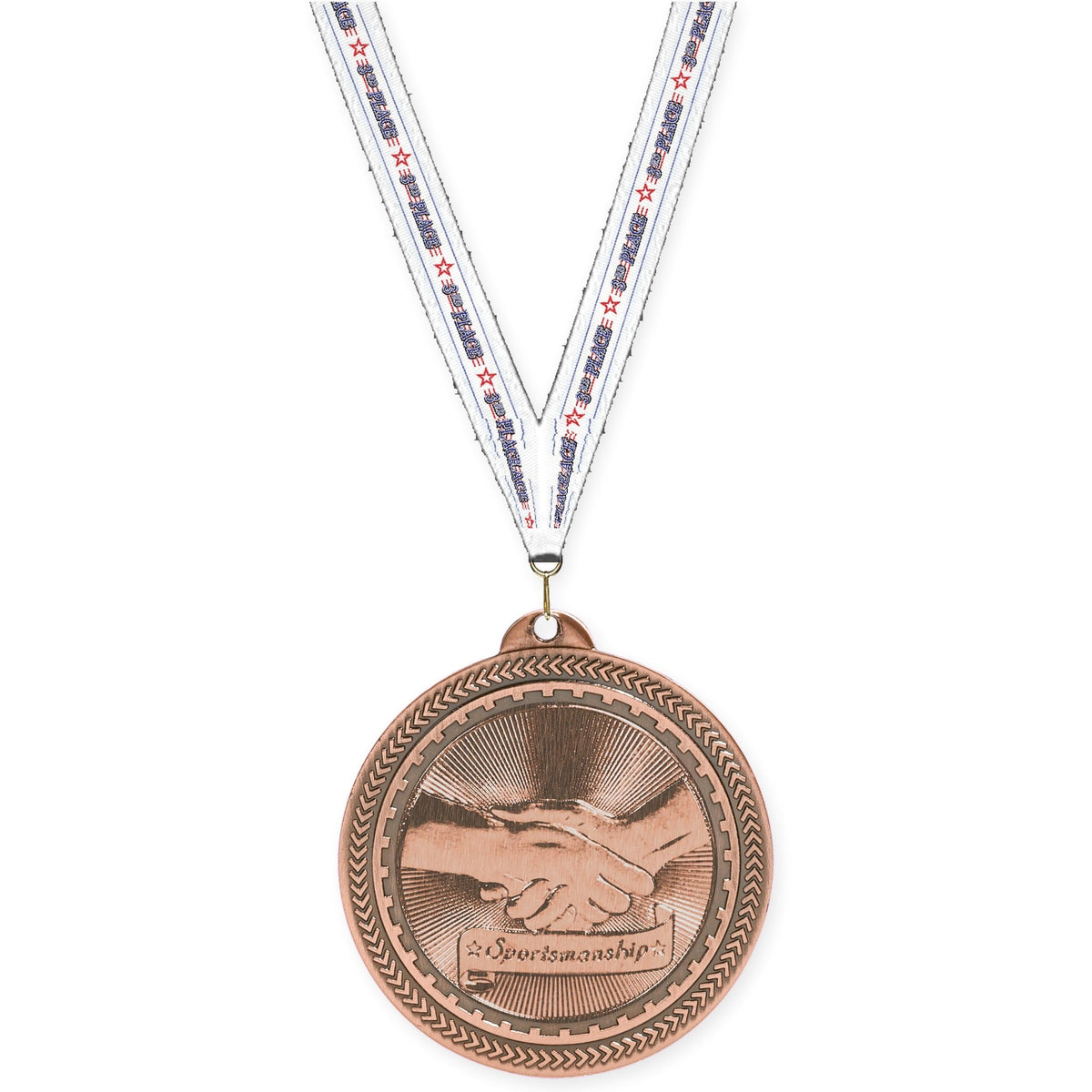 2 inch Sportsmanship Sunburst medal in antique bronze with 3rd Place neck ribbon