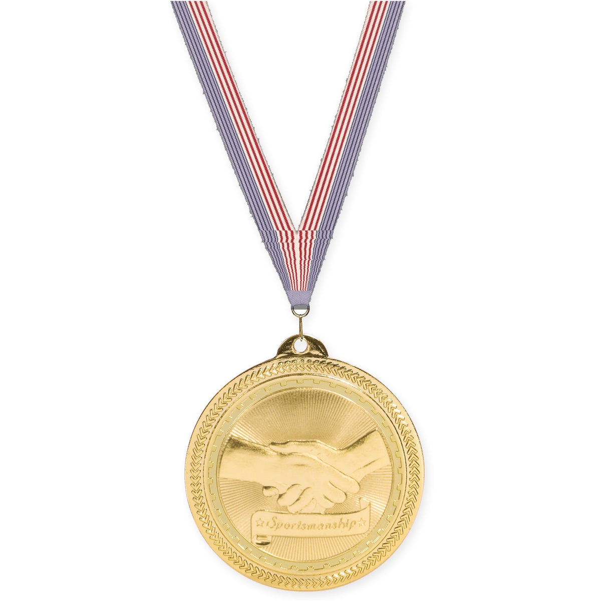 2 inch Sportsmanship Sunburst medal in bright gold with USA Flag neck ribbon