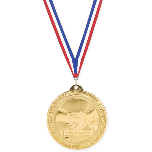 2 inch Sportsmanship Sunburst medal in bright gold with Red White Blue neck ribbon