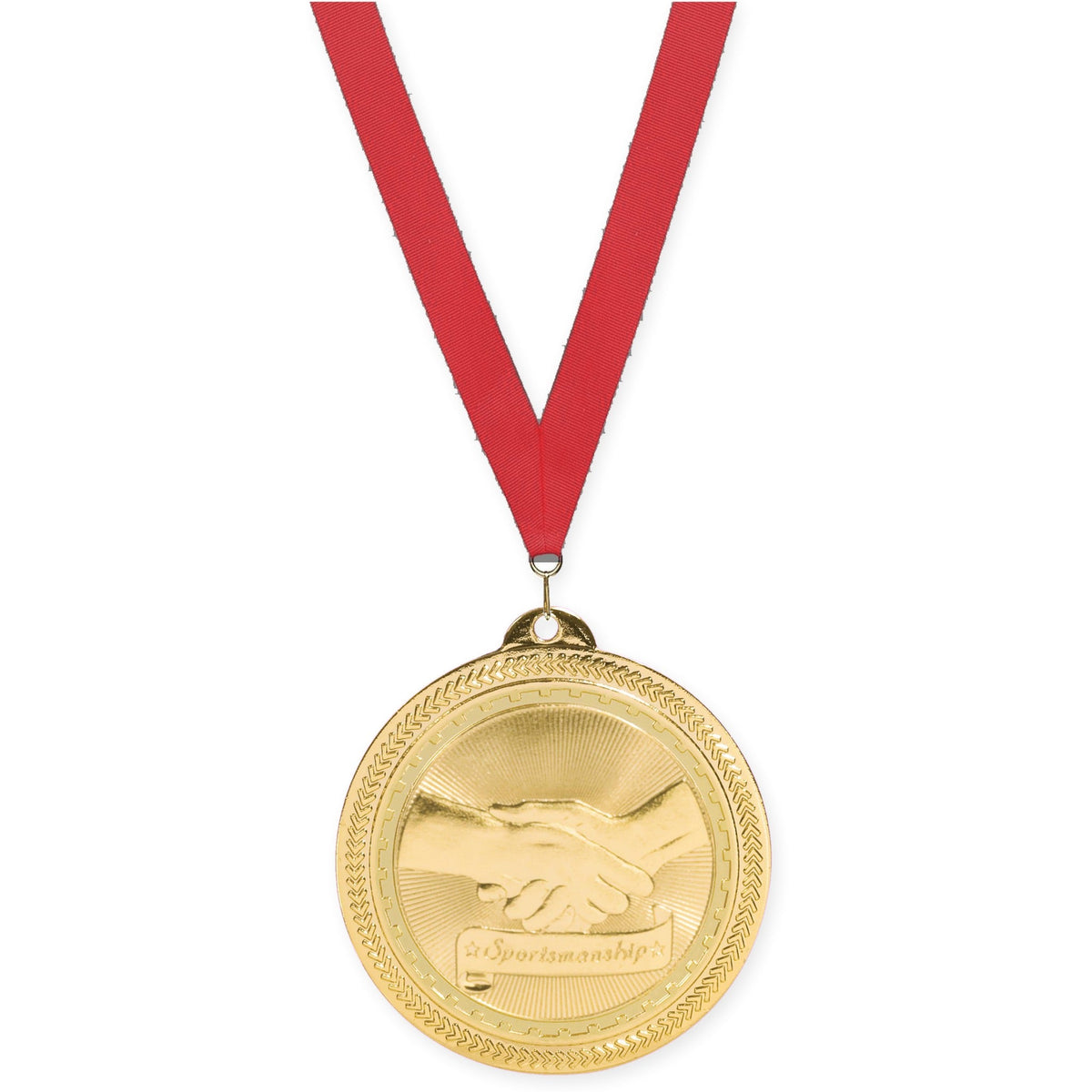 2 inch Sportsmanship Sunburst medal in bright gold with Red neck ribbon