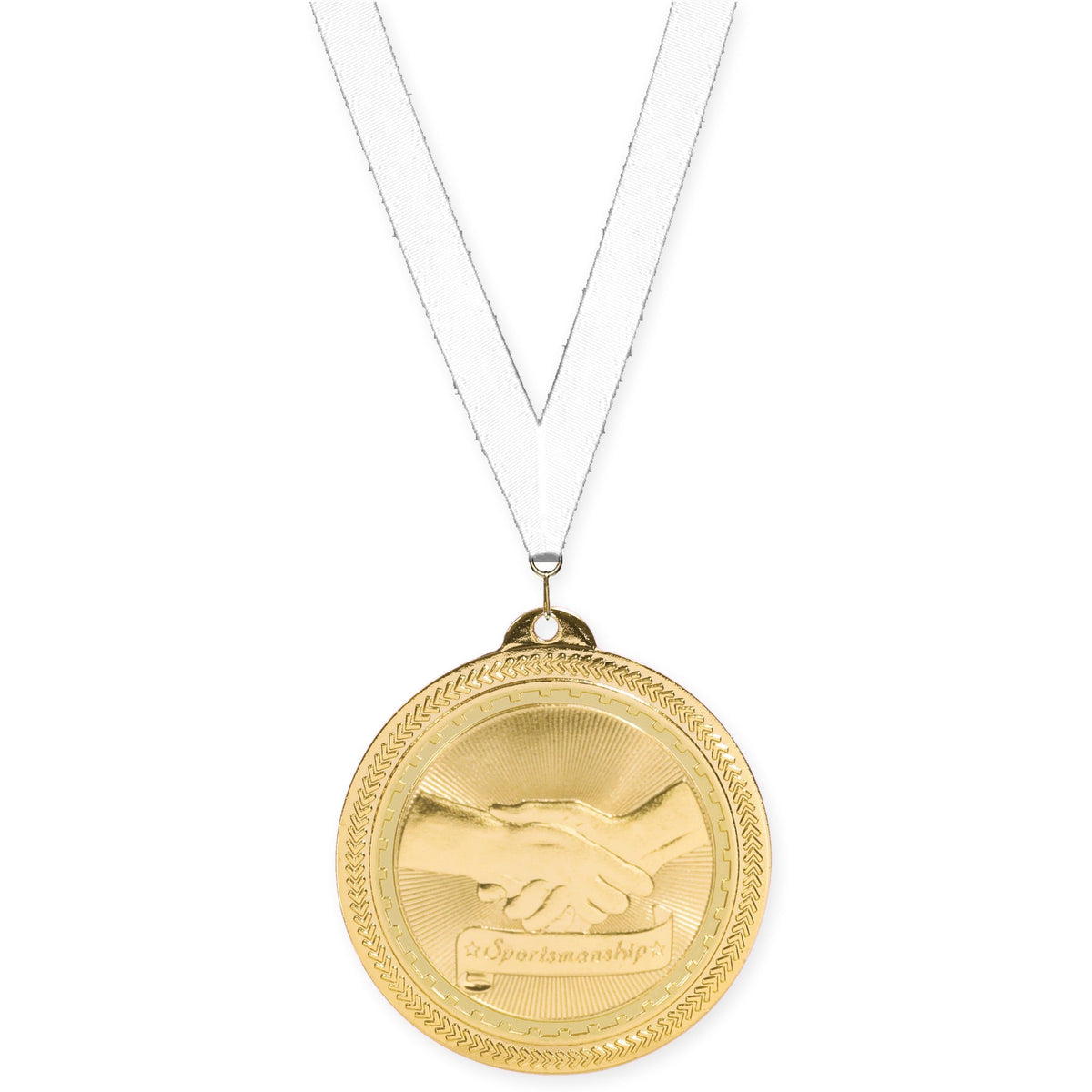 2 inch Sportsmanship Sunburst medal in bright gold with White neck ribbon