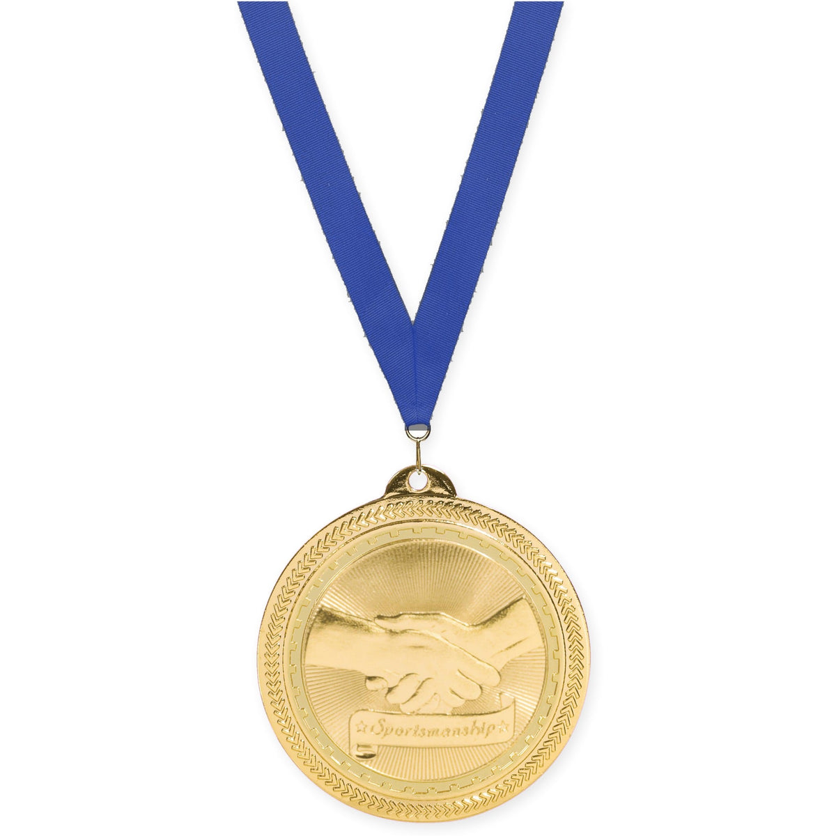 2 inch Sportsmanship Sunburst medal in bright gold with Blue neck ribbon